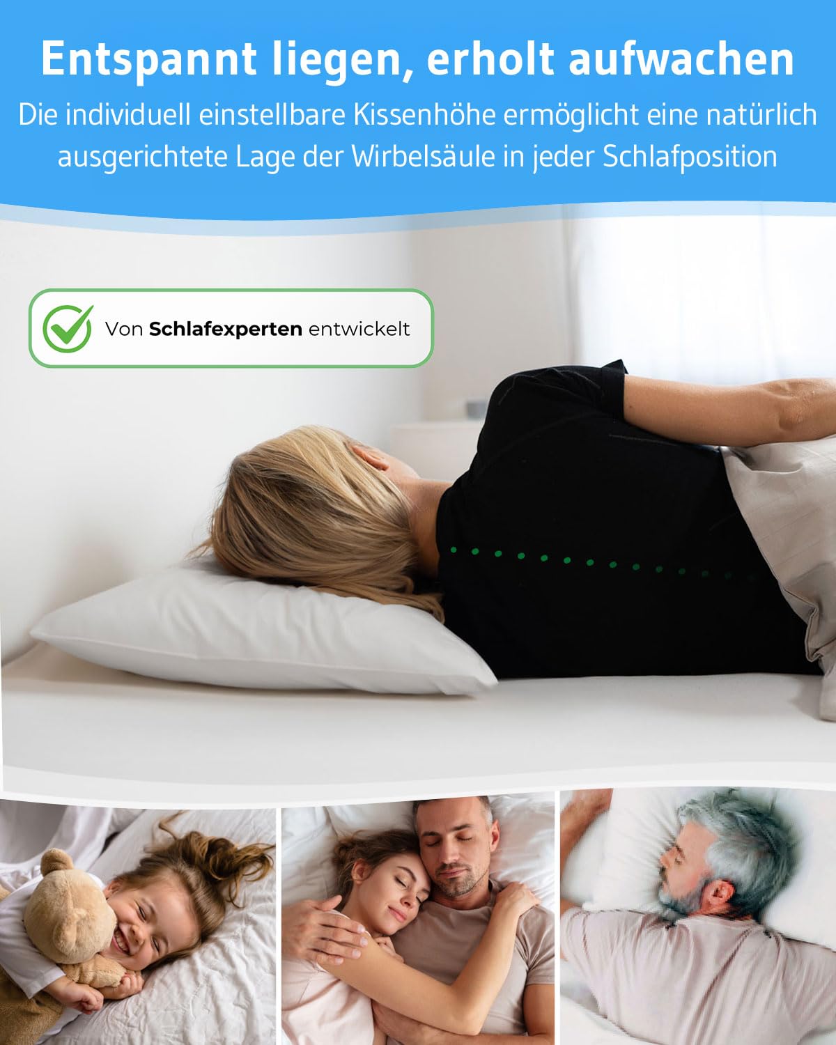 VERDA Pillow - Pillow 40x60 Made in Germany, 100% sustainable, Orthopedic Sleep Pillow 40 x 60 made from recycled fibers, adjustable height for stomach, back, side sleepers, suitable for allergy sufferers
