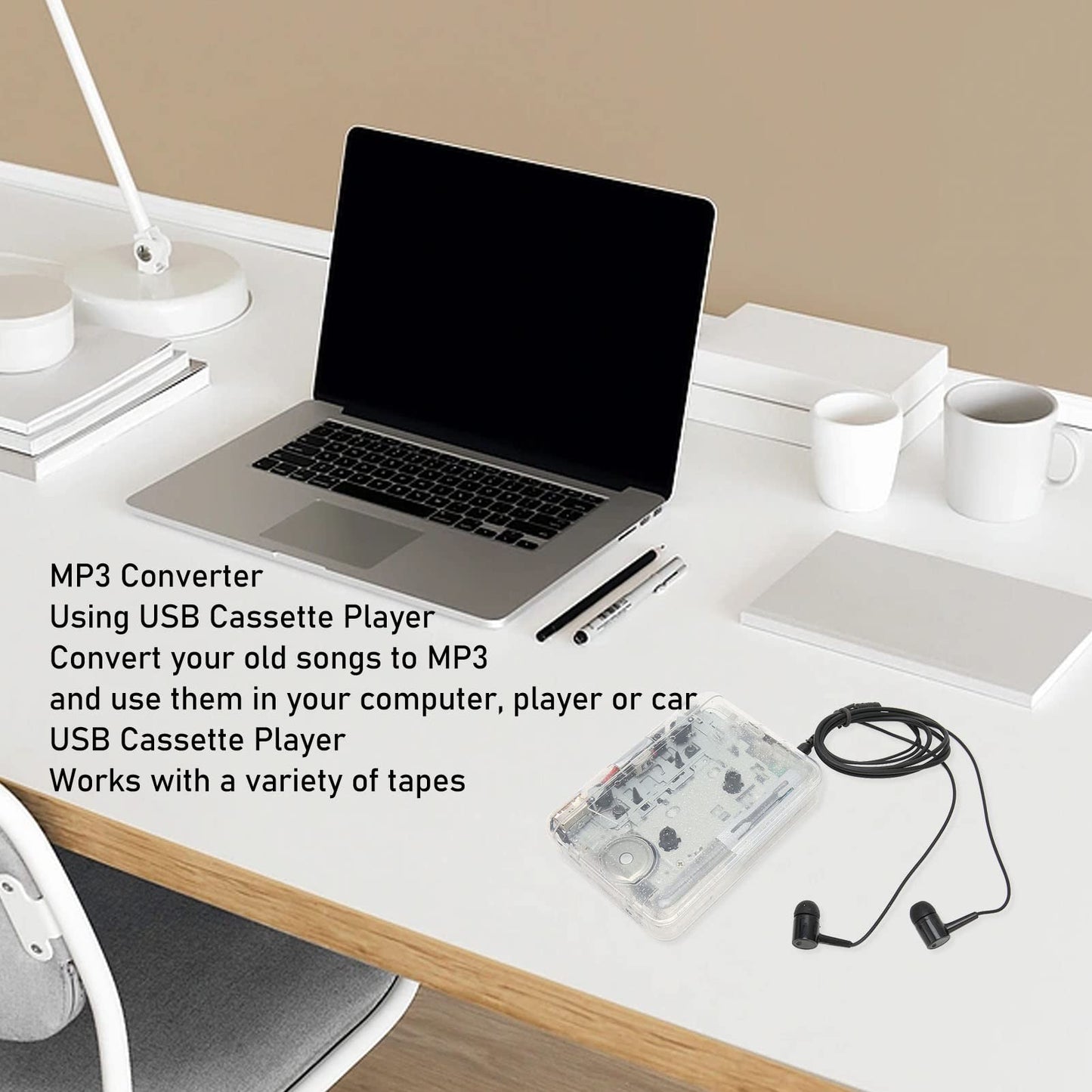 USB Cassette to MP3 Converter, Portable Cassette with Headphones, Cassette Player Converts to MP3 WAV, Audio Music Player for Computer In Car