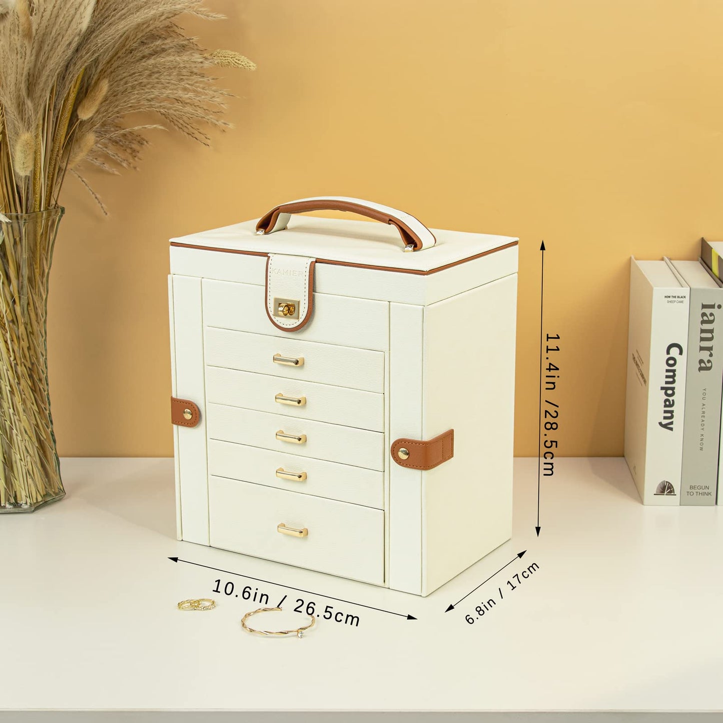 KAMIER 6-tier jewelry box made of fine natural wood with luxurious flannel and large mirror - Spacious jewelry case with side-opening doors for rings, earrings & bracelets, White