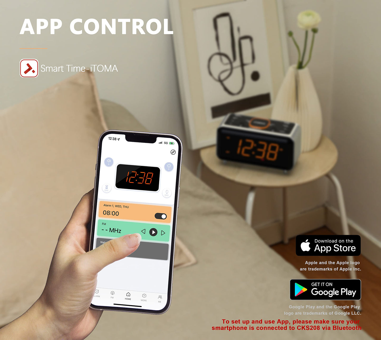 iTOMA clock radio with app control, Bluetooth, FM radio, dual alarm from 4 alarm modes, easy snooze, dimmer, orange night light, 12/24 hr through USB charging port CKS208