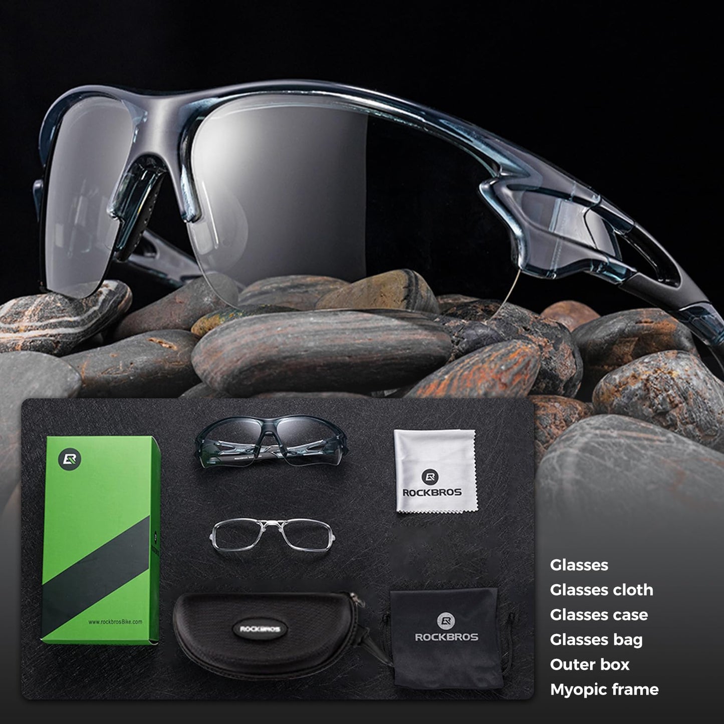 ROCKBROS self-tinting sunglasses for men and women. Photochromatic lenses for UV400 protection. TR90 frame for sports like cycling and fishing.