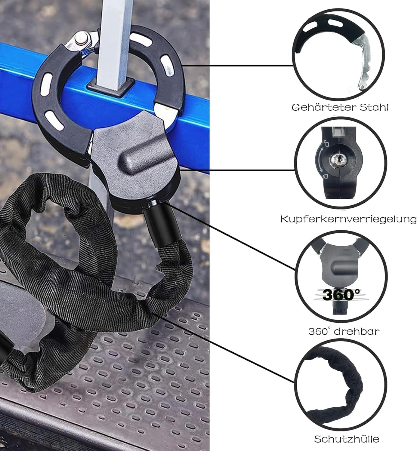 Lock for E scooter, handcuff lock for E roller, bike lock, E-bike/motorcycle, electric scooter lock with silicone protection against scratches. Includes a portable 4L storage bag.