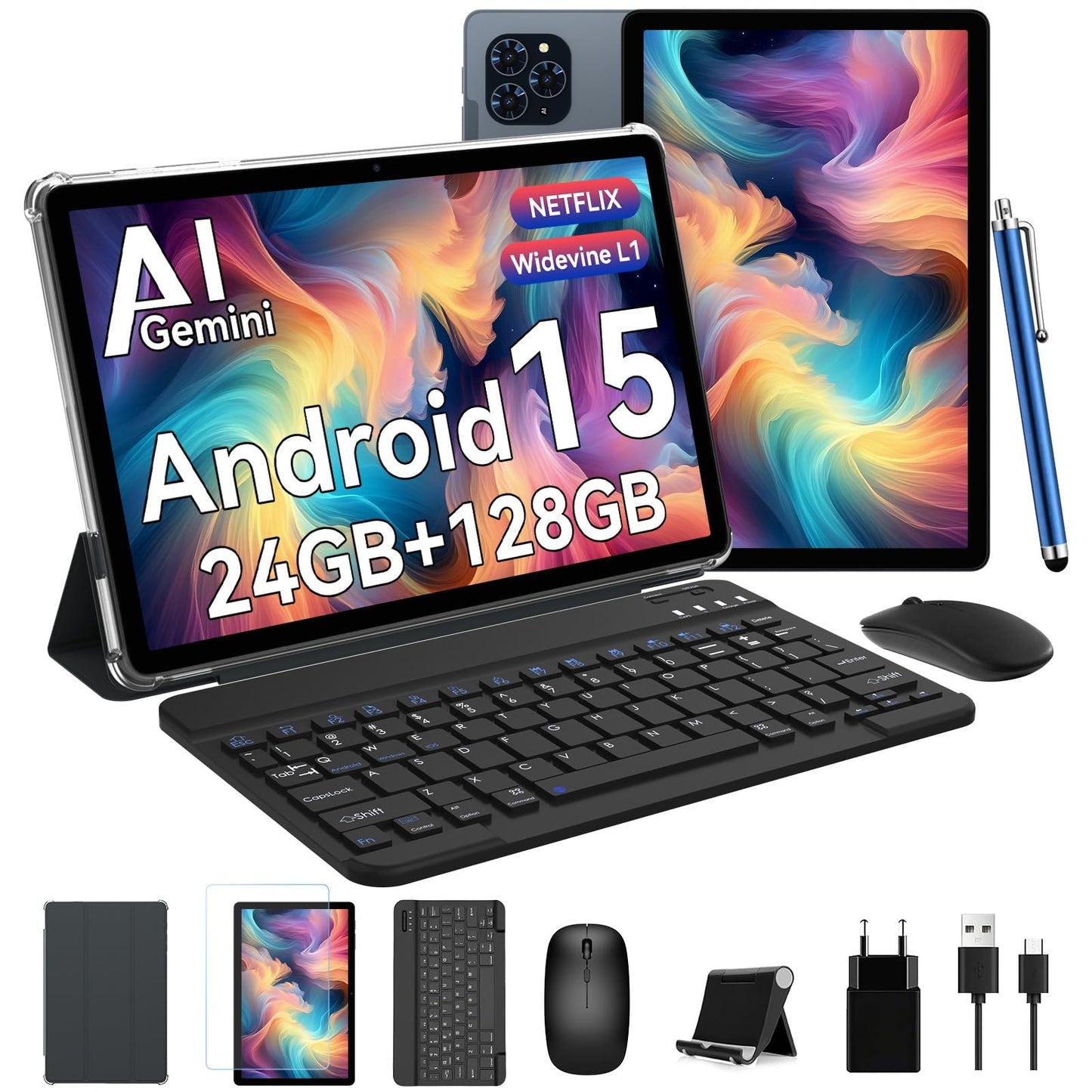 TABWEE Android 15 tablet with keyboard - 24GB RAM+128GB ROM+2TB TF, Octa Core, gaming tablet 11 inches, Widevine L1, 1920x1200 FHD+IPS, 8000mAh battery, Gemini AI, 13MP+5MP AI camera, Face ID, 5G WiFi, GPS.