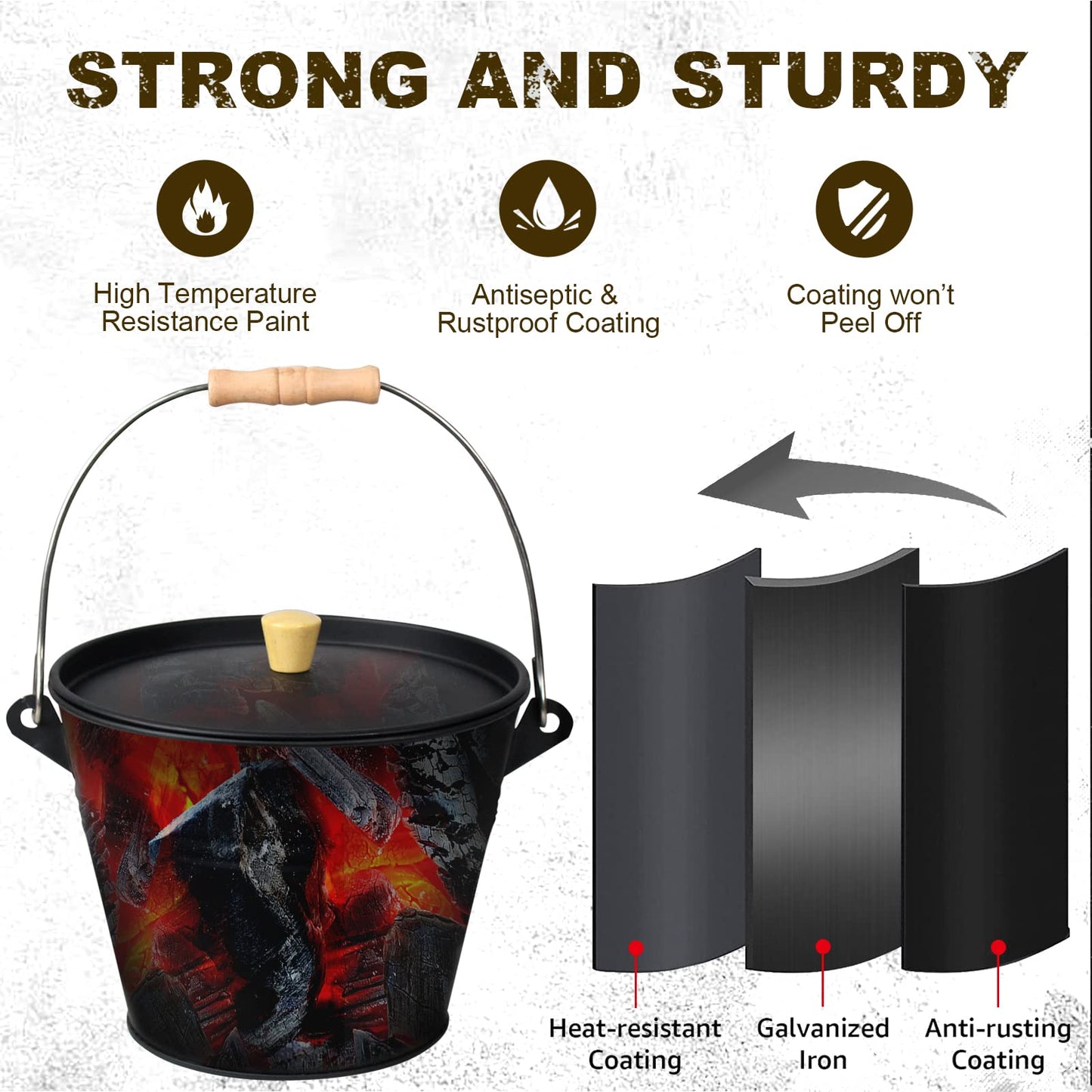 BRIAN & DANY ash bucket with lid, Round coal bucket for fireplaces, 5L bucket with shovel and hand broom, Tool set accessories for fireplace, fire pit, wood stove.