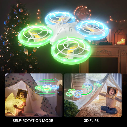 Tomzon Mini Drone for Kids, Blue and Green LED Lights, RC Quadcopter with 2 Batteries, Headless Mode, Throw and Go/3D Flip/Rotation/Circle Fly for Beginner Kids Yellow Propellers