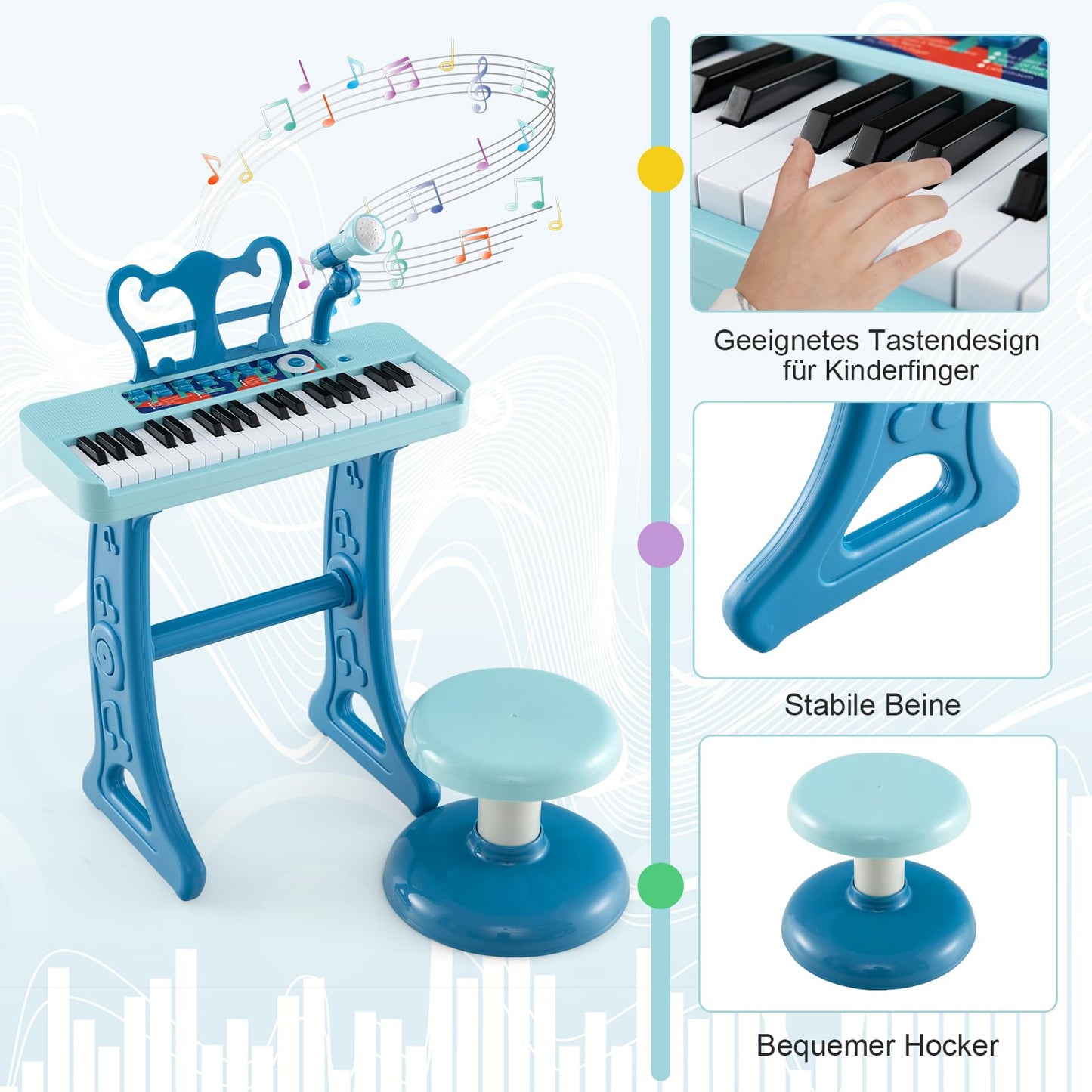 DREAMADE Kids Keyboard, 37 Keys Electronic Piano with Music Stand & Microphone & Stool, Piano Toy for Children aged 3+, Supports up to 50kg (Blue)