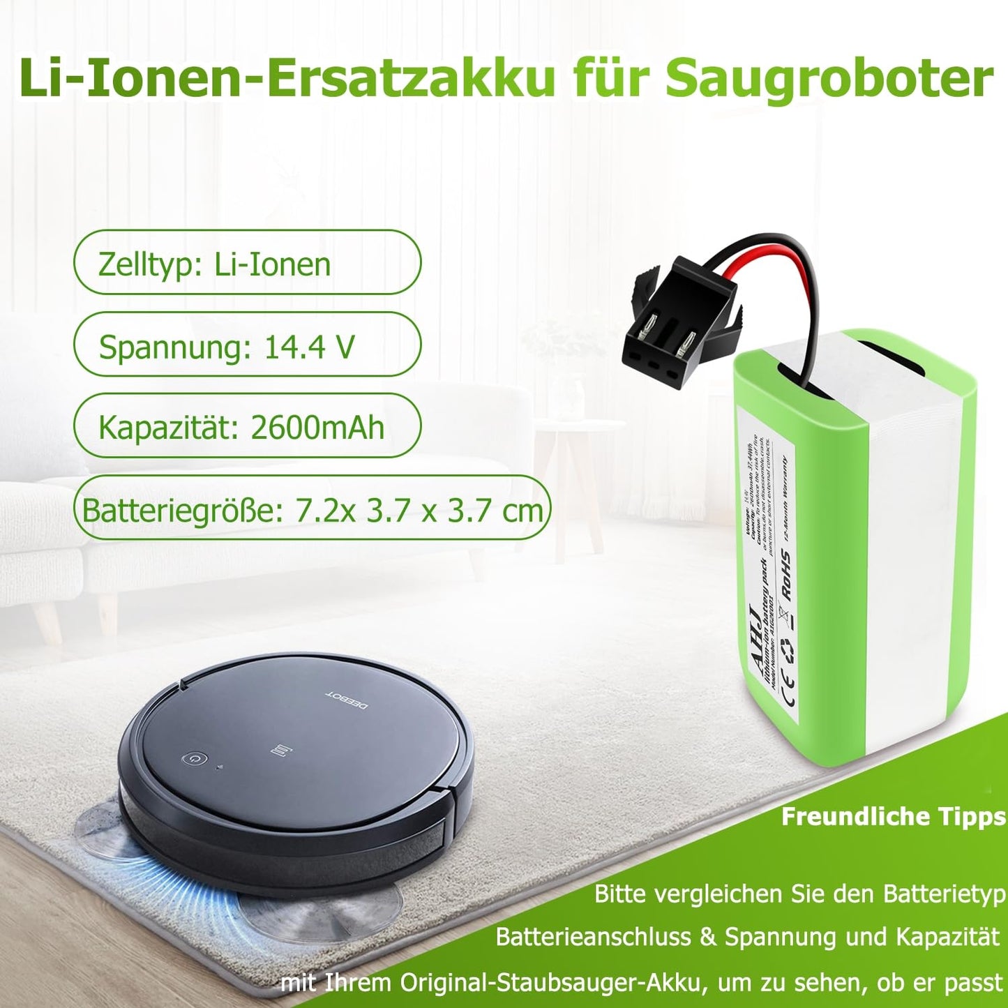 AHJ 14.4V 2600mAh replacement battery for Eufy RoboVac G10 G20 G30 G35 G40 Hybrid, for Eufy 11 11S 11S MAX 15C 15C MAX 25C 25C Max 30 30C 30 Max 35C, for Ecovacs Deebot N79 N79S DN622, for Tesvor X500 battery