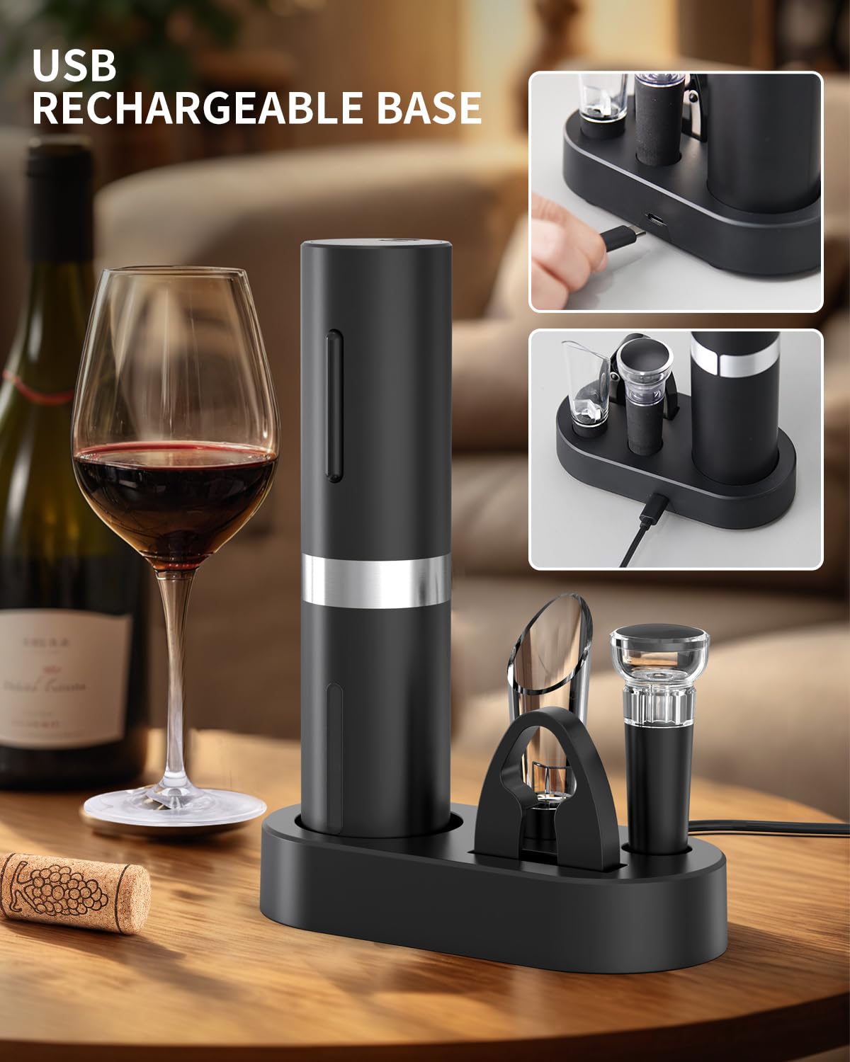 CIRCLE JOY Electric Wine Opener Set, Rechargeable 5-in-1 Wine Opener Gift Set with Charging Dock, Foil Cutter, Wine Pourer, and Vacuum Wine Stopper