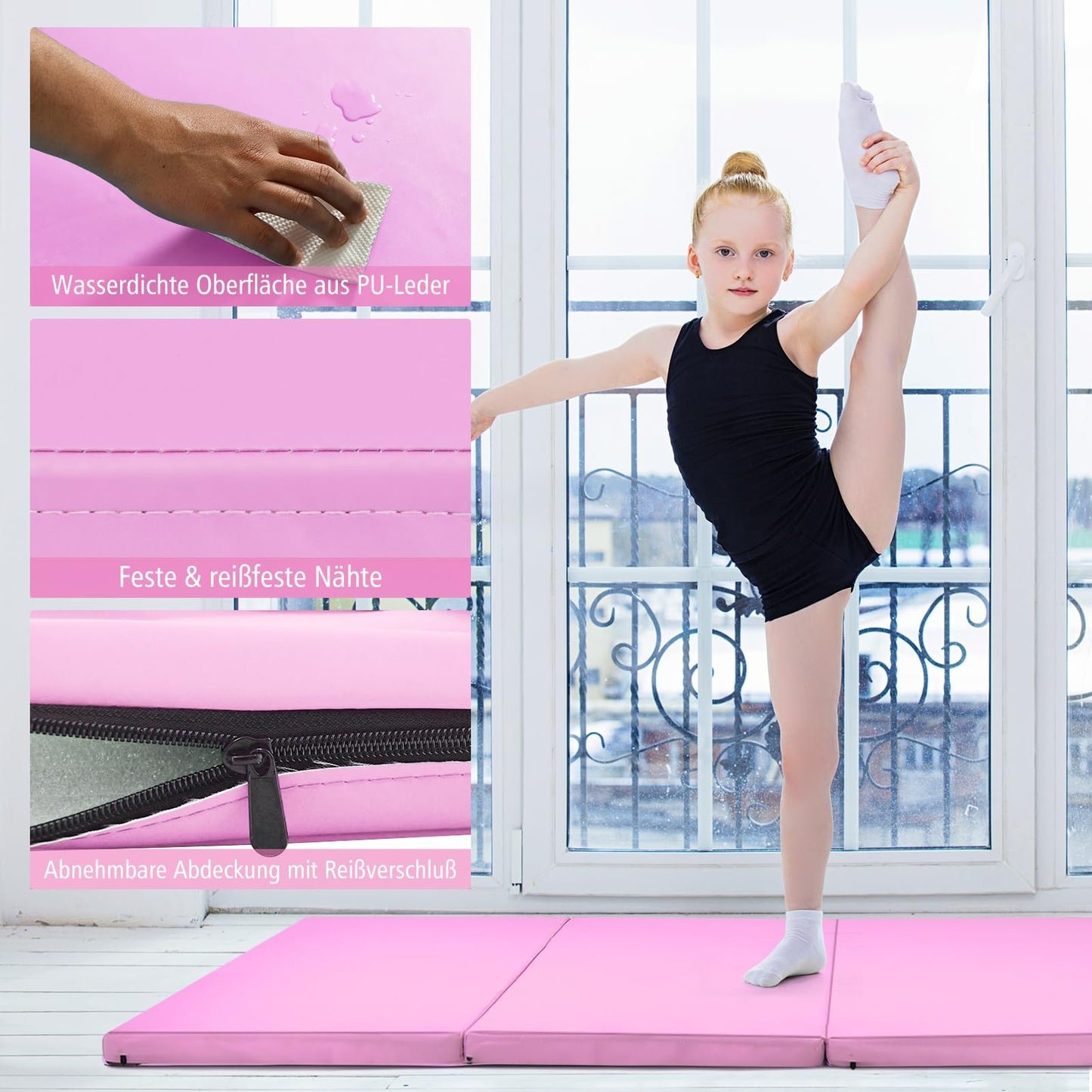 COSTWAY 240 x 120 x 5 cm soft floor mat, foldable gymnastics mat with Velcro closure and 2 carrying handles, gymnastics mat, foldable mat, fitness mat for gymnastics, yoga, home training (pink)