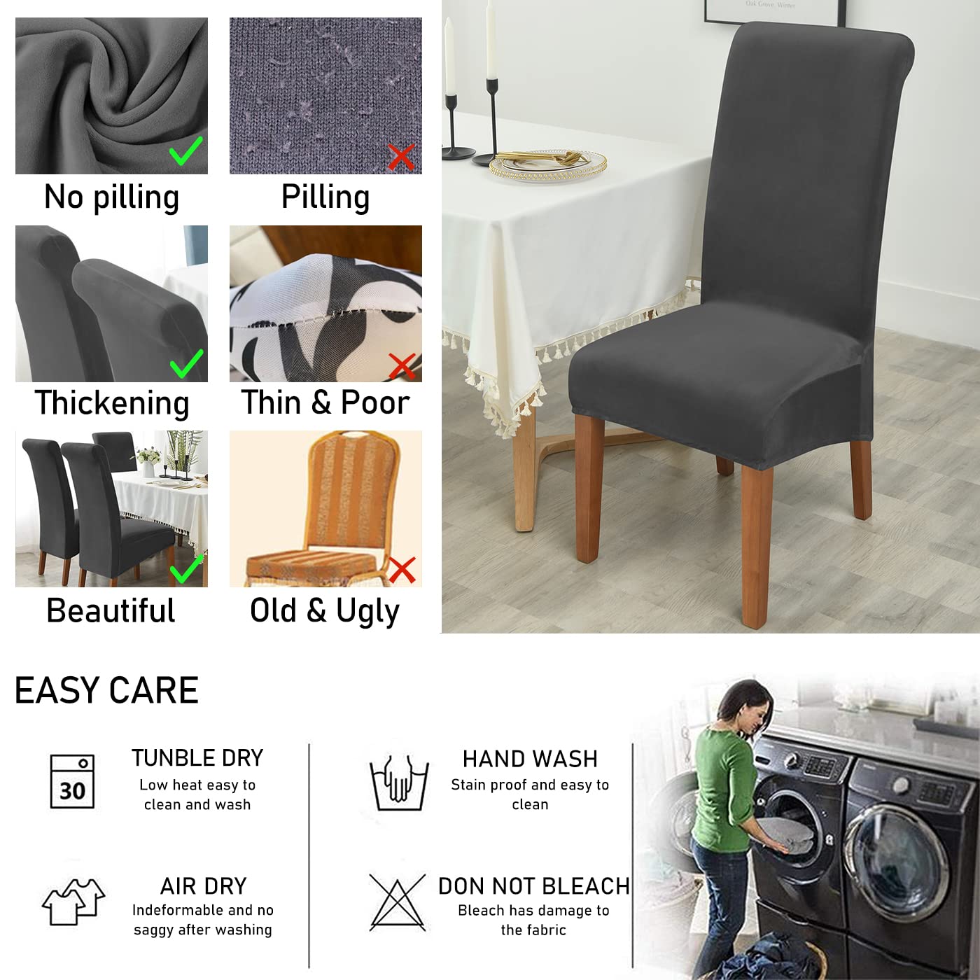 Ruucy Chair Covers Velvet XL 4 Pack, Stretch Chair Cover for Dining Chairs, Washable Armchair Cover Universal Chair Slipcover for Dining Room, Hotel, Banquet, Wedding, Party (Black)