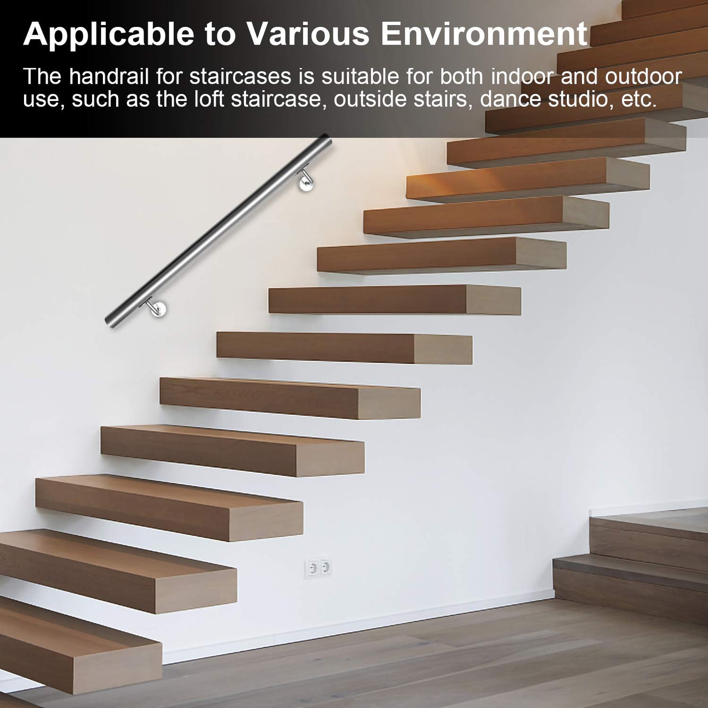 Jopassy stainless steel handrail stair railing, non-slip handrail 50 cm, railing wall handrail for outdoor & indoor with wall brackets, mounting material.