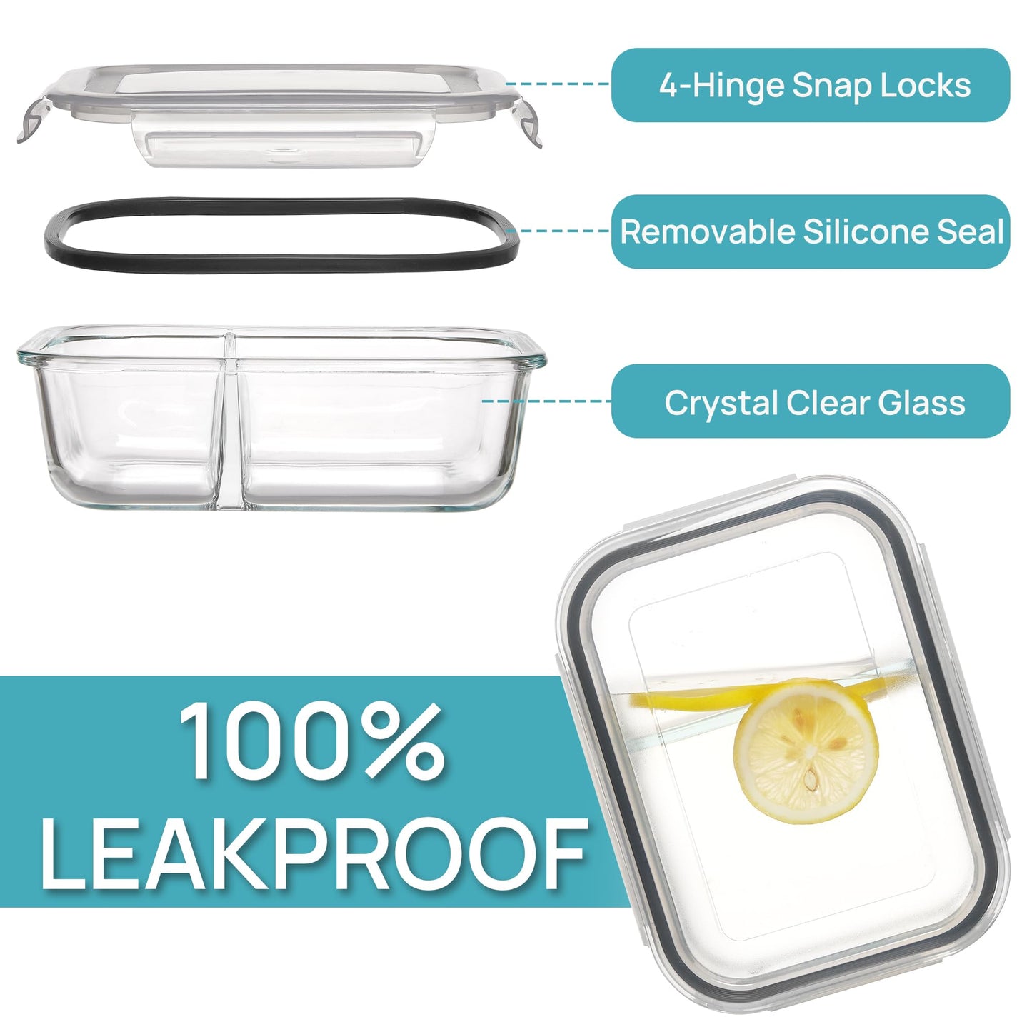 Vtopmart 5Pack 975ml Meal Prep Boxes, Glass Containers with Lid, Glass Food Storage Containers with Lid for Microwave, Oven, Freezer, and Dishwasher.