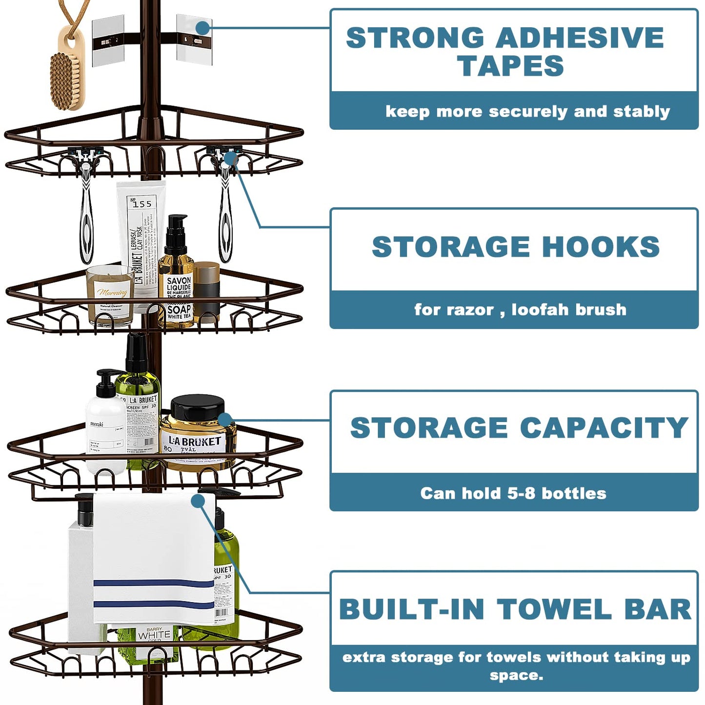 Bomclap 5-level telescopic shower shelf, metal corner shelf with towel holder, shower caddy without drilling with towel bar, shower corner for 137-290 cm height.