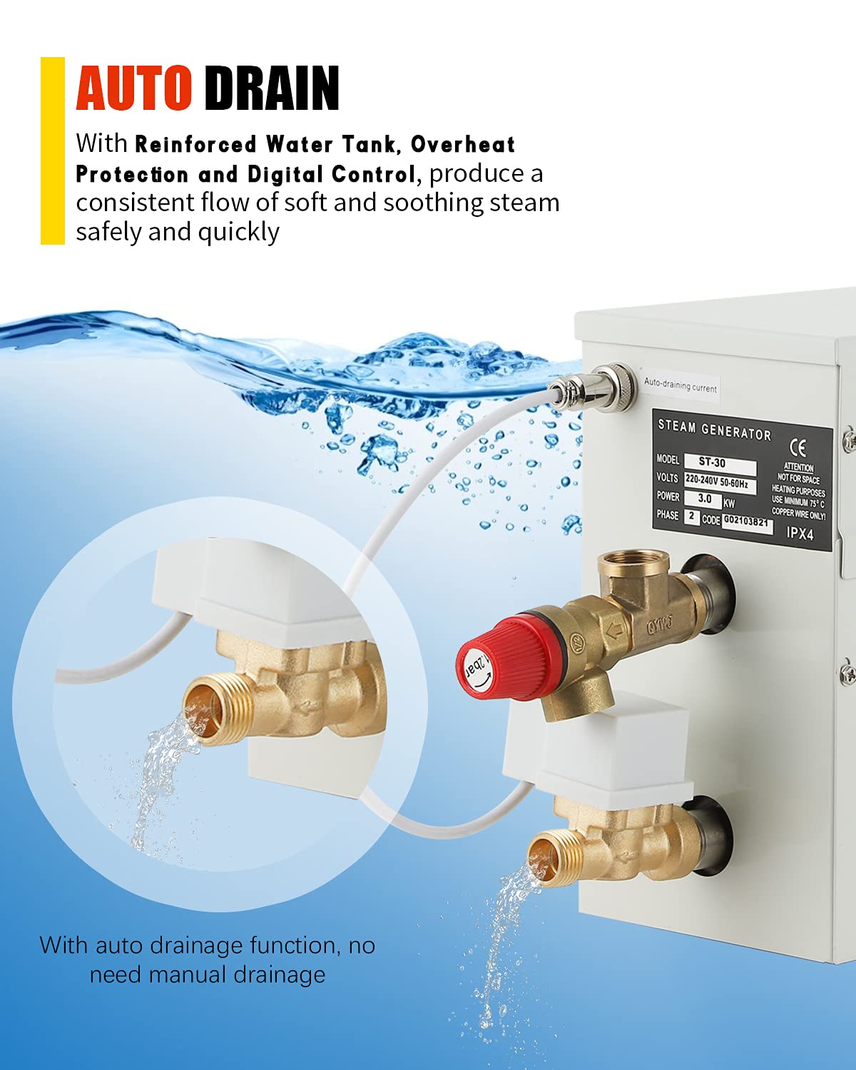 CGOLDENWALL 3 KW Household Sauna Steam Generator 220 V, perfect for sauna/shower/bathroom/spa, with automatic drainage, LED digital controller 35-55℃, for 1.5-3 m3 room heating.