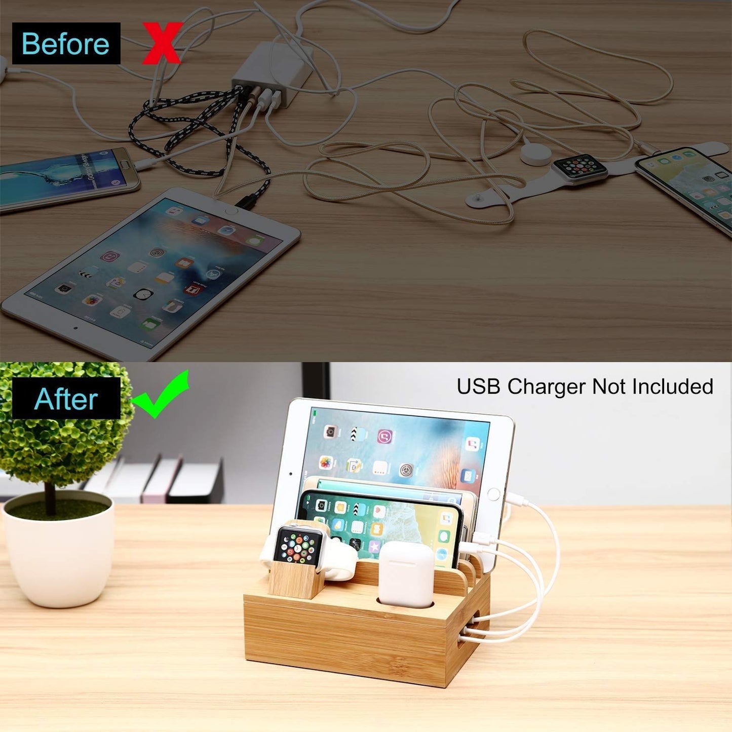 SETROVIC Bamboo Charging Station Docking Holder, Desktop Organizer for multiple device docks. Compatible with accessories for phone/tablet/Apple Watch/AirPods.