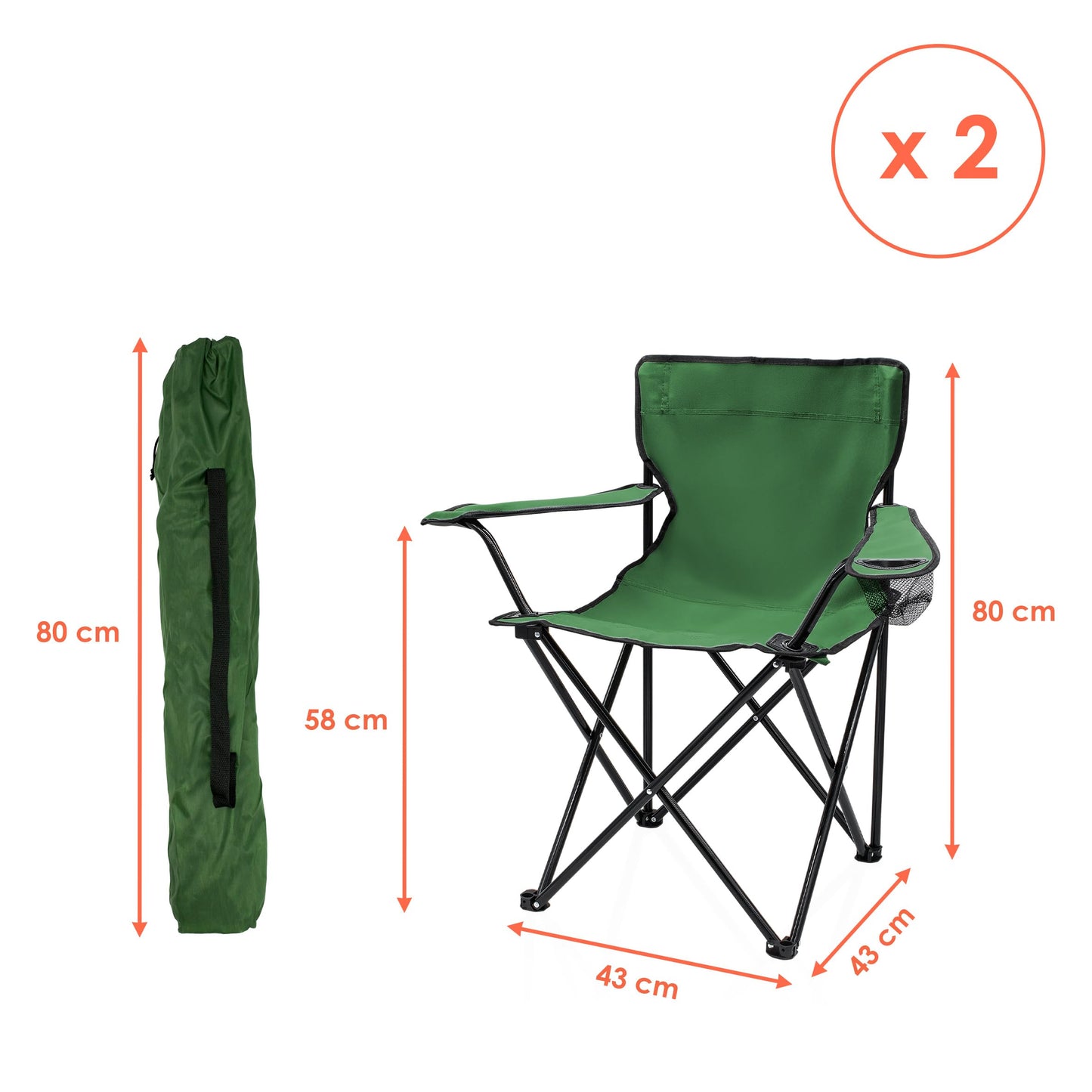 Folding camping chair with cup holder 2-pack - green - Portable camping chair with carrying bag - Foldable chair for festivals, leisure, garden, fishing - Supports up to 100kg.
