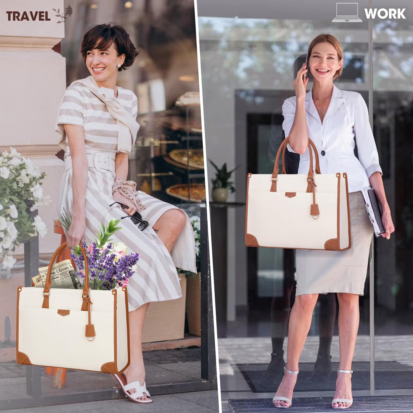 IGOLUMON handbag women canvas laptop bag 15.6 inch shopper women large laptop tote bag women work bag notebook bag office bag for office school travel, brown