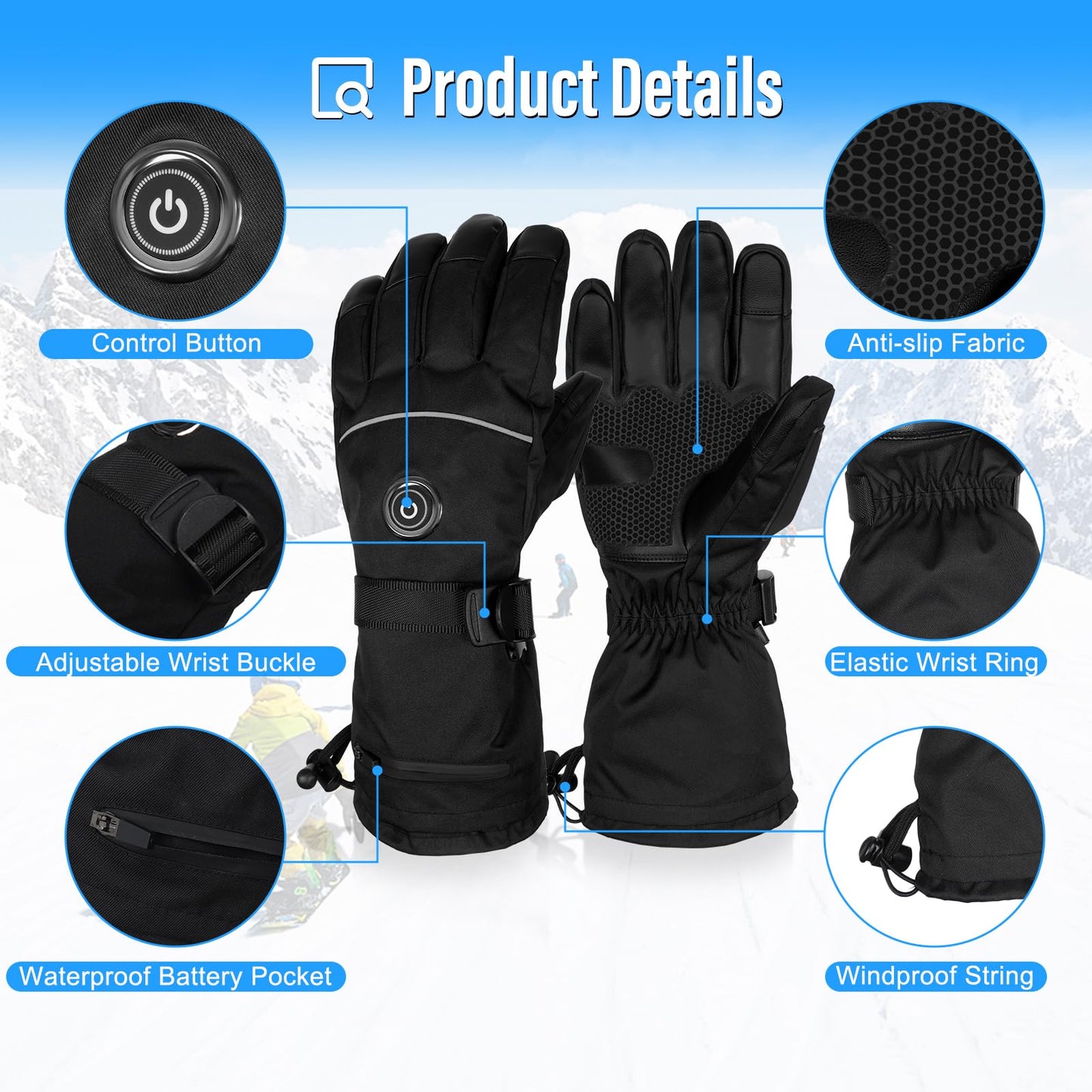 Heated gloves, 5V 6000mAh Electric USB Rechargeable Heated Gloves for Women Men, 3 Heat Settings Waterproof Touchscreen Gloves for Winter Sports - Motorcycle, Skiing (L)