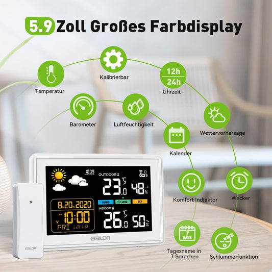 Consent weather station radio with external sensor DCF radio clock, color display with large numbers of indoor and outdoor temperature, permanent lighting, weather forecast, air pressure display