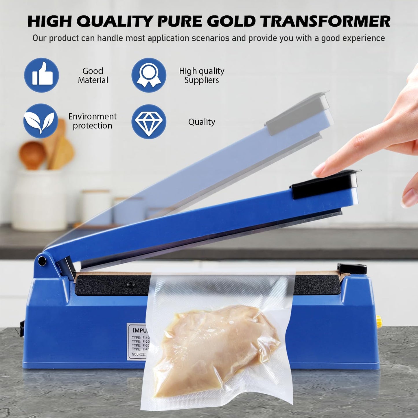 300 mm film sealing machine - Hand-operated sealer with 3 mm sealing width, 8-level temperature control, suitable for plastic bags, aluminum foil bags, kraft paper bags Blue