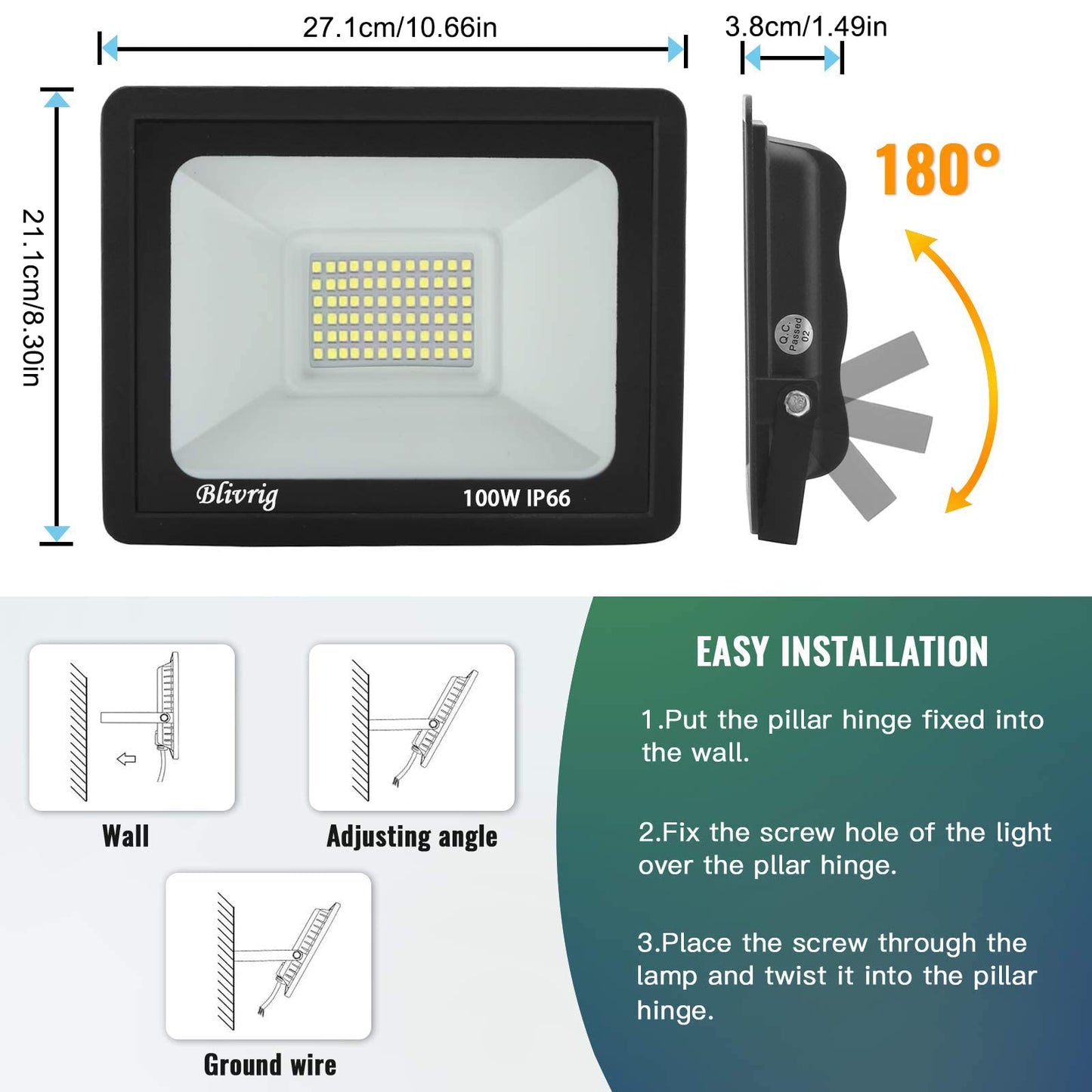 100W LED Floodlight Outdoor Cold White 6500K, 10000LM Super Bright Exterior Spotlight, IP66 Waterproof Floodlight, Outdoor Lamp for Gardens, Courtyards, Garage, Hotel