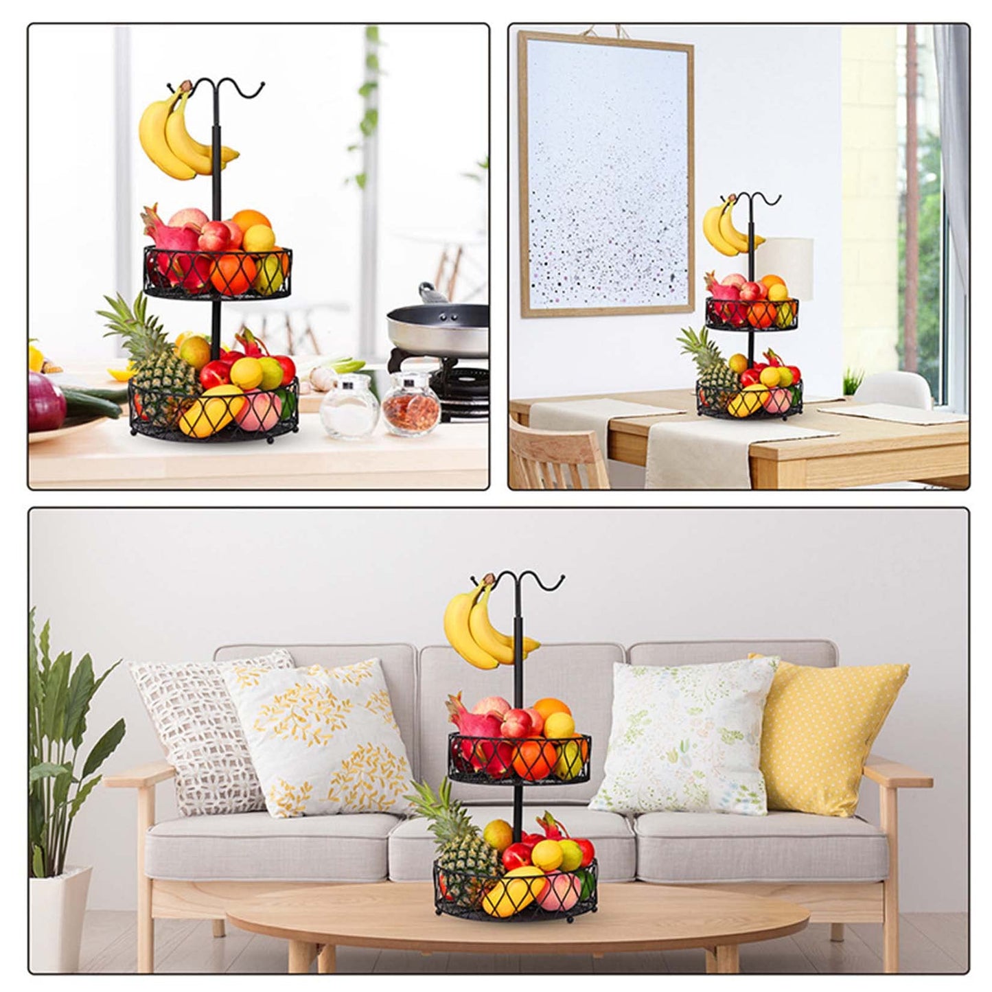 DUGEHO Fruit Stand 2-Tier Banana Holder Fruit Basket for More Counter Space - Storage for Fruits & Vegetables, Fruit Bowl, Fruit Stand (black)