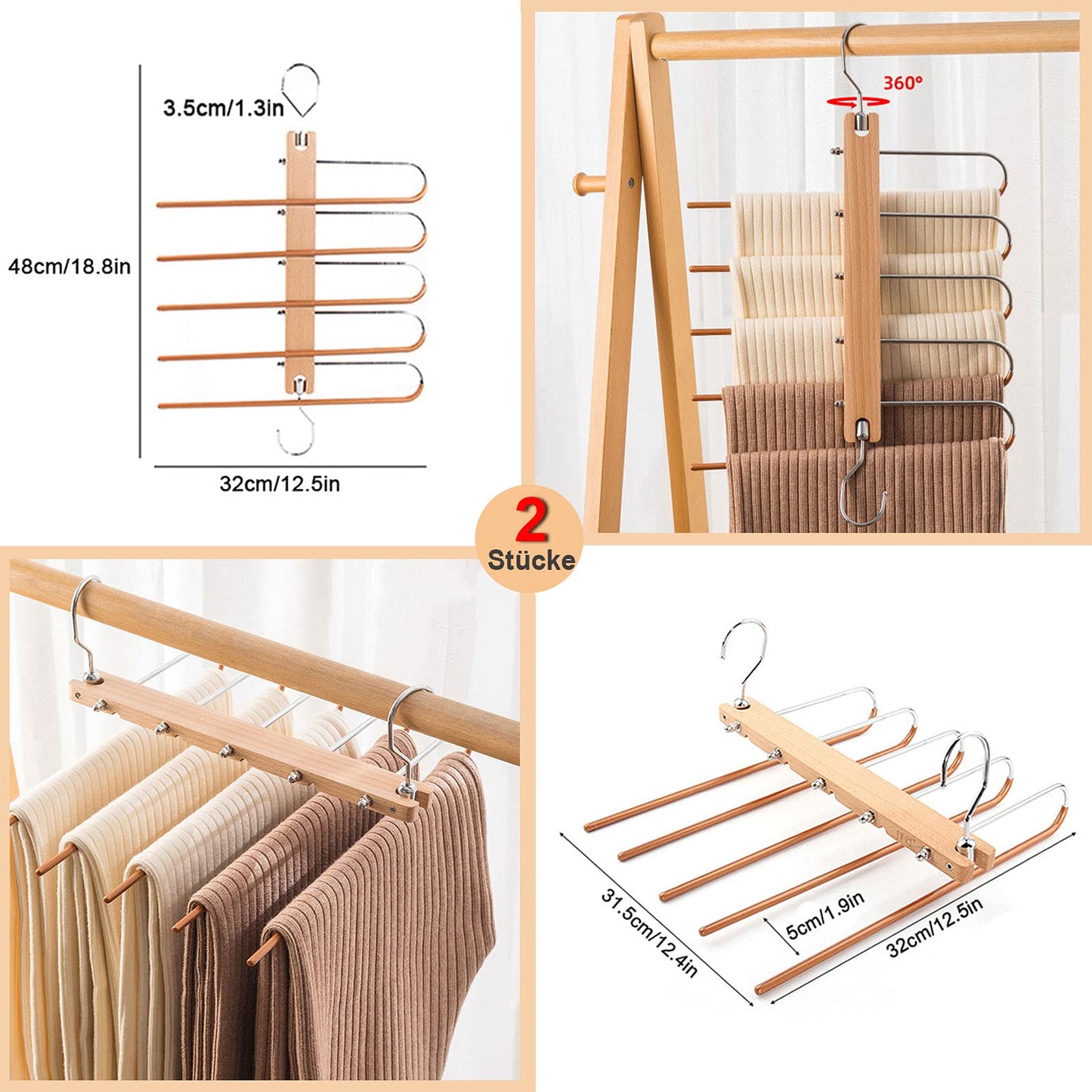 2-piece pants hanger set, space-saving stainless steel pants rack, extendable non-slip wooden hangers for scarves, jeans, and pants.
