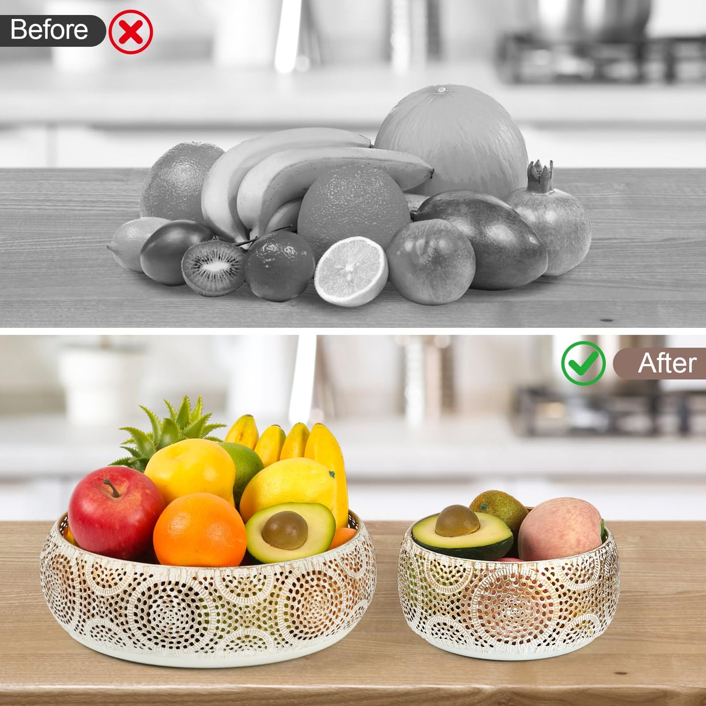 JAZUIHA Golden Decorative Bowl Set - 2 pieces with 18 cm & 30 cm diameter | Modern fruit bowls for fruit, snacks, candles or decor items