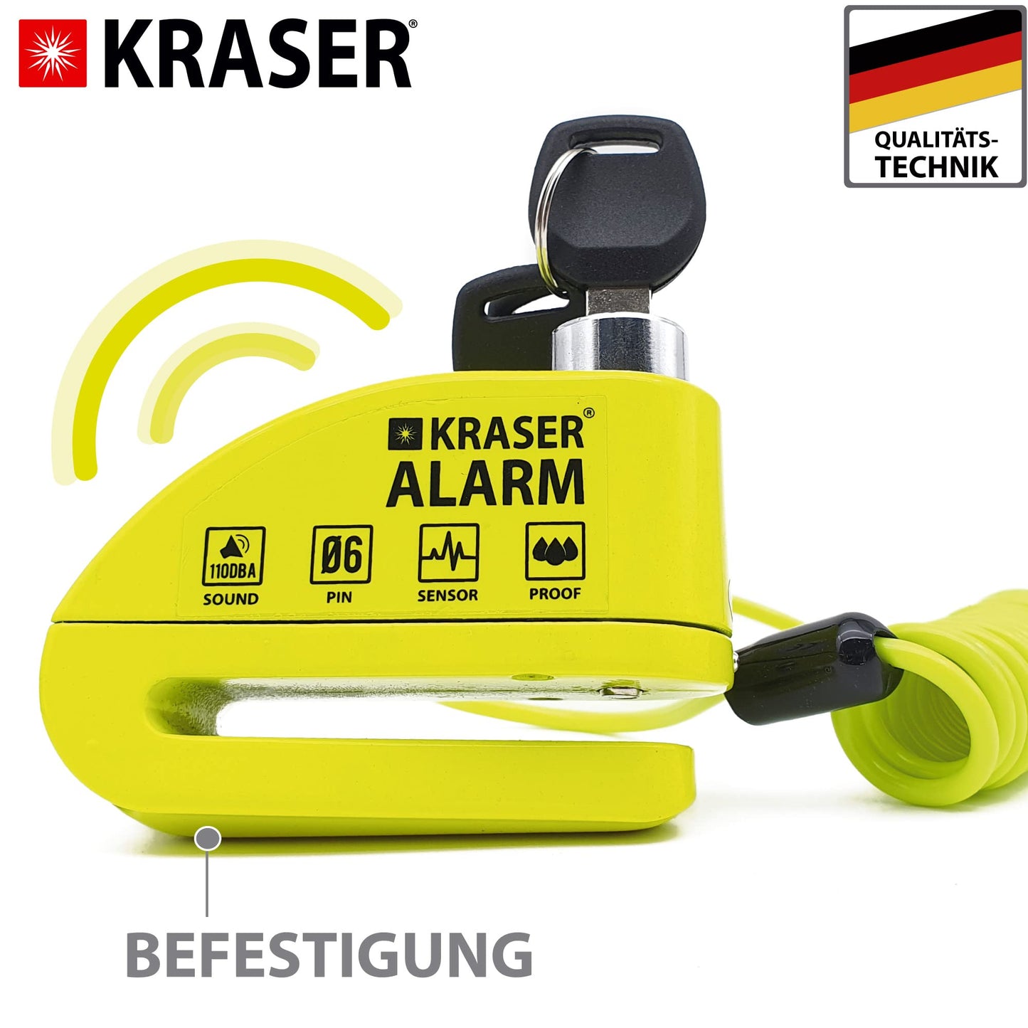 KRASER KR6Y Brake Disc Lock with Alarm 110 dB, Reinforced, 3 keys (2 spares) High Security Motorcycle Lock, Waterproof, 1.5m Reminder Cable, Bag, Universal Motorcycle Lock, Bike Lock
