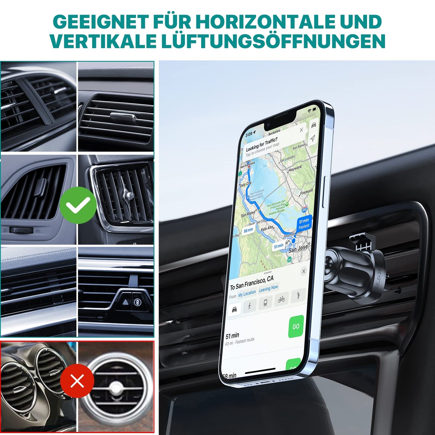 Miracase phone holder with 6 strong magnets, 2 metal plates, universal 360° magnetic car phone holder for iPhone, Samsung, Huawei smartphones.