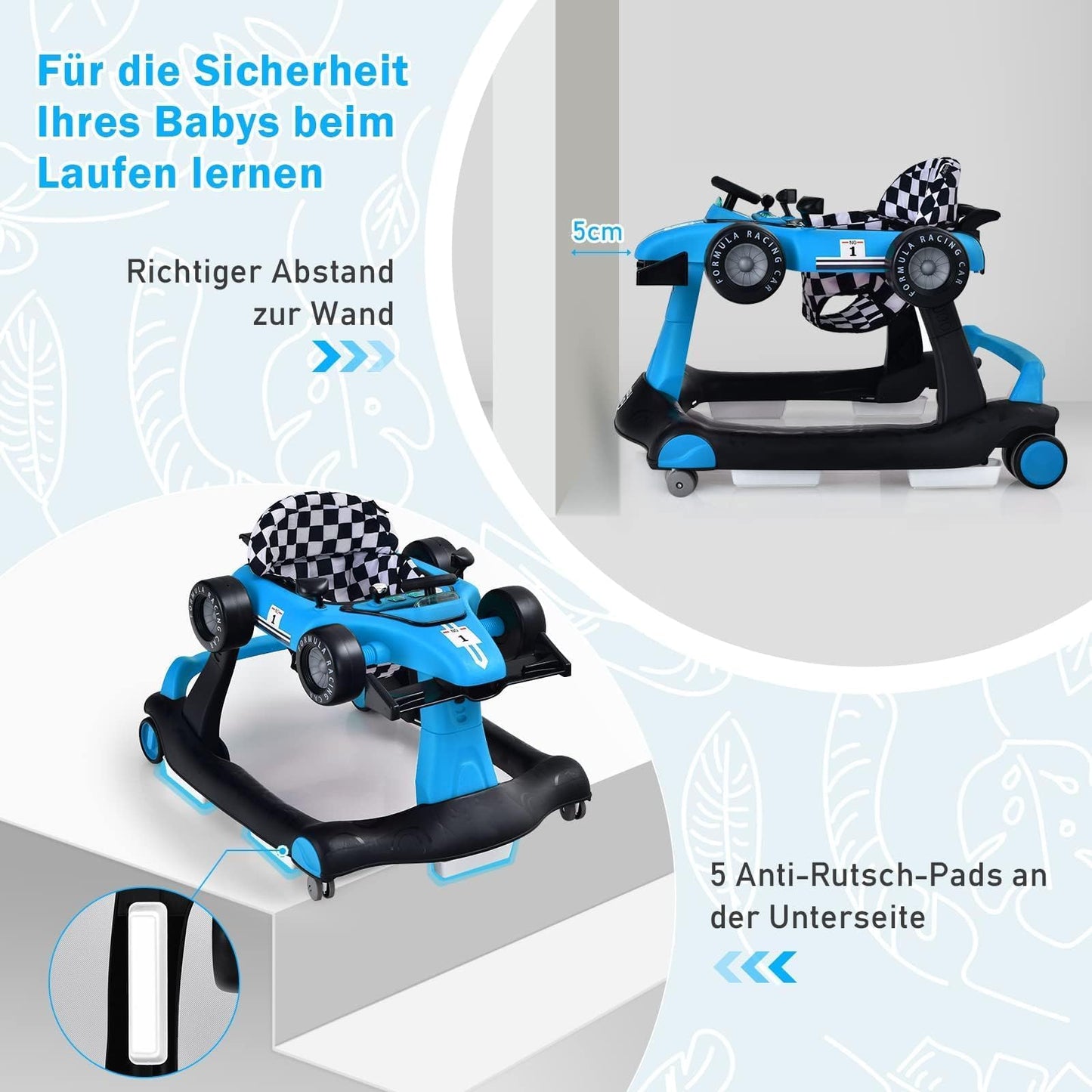 COSTWAY 4 in 1 walking aid, foldable walking cart with adjustable height & speed, car-shaped baby walker with music box, light & wheels, walker for babies from 6 months, load capacity 12kg (blue)