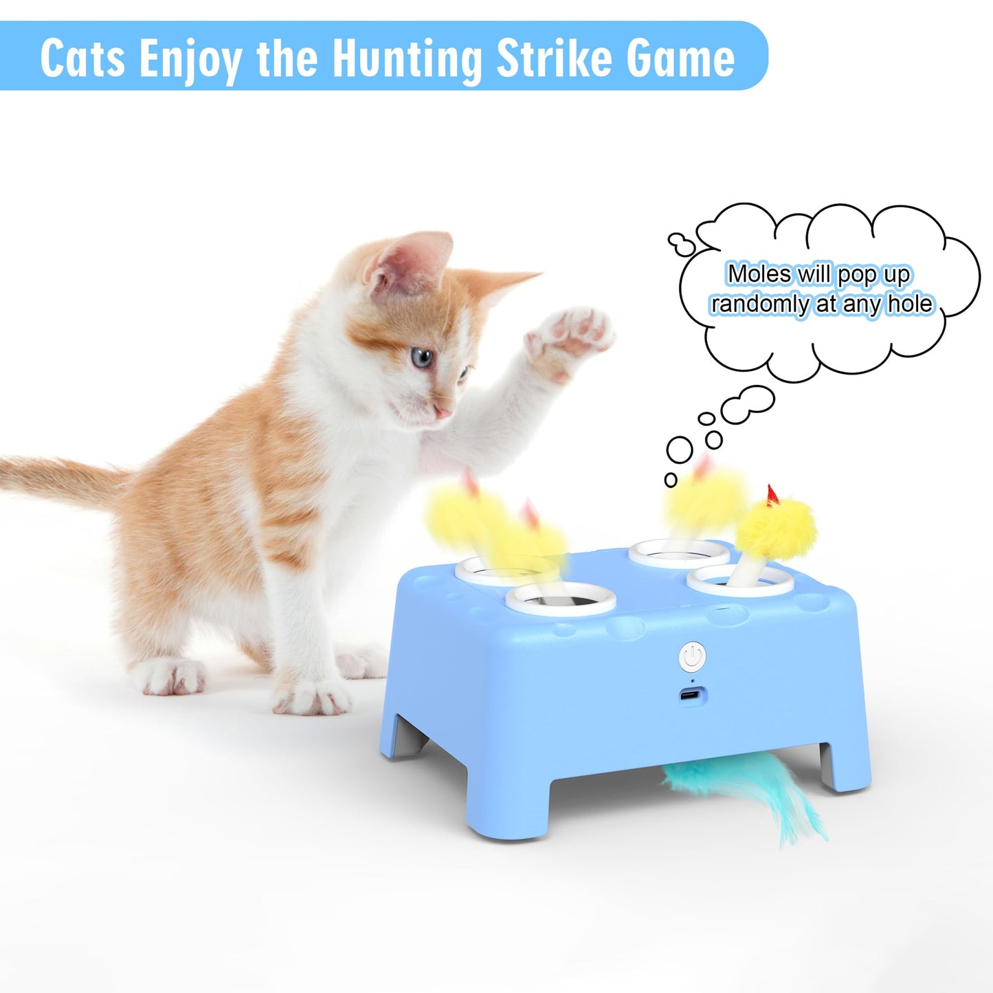 IOKHEIRA Interactive Cat Toy, 2-in-1 Automatic Cat Toy, 4-Hole Mouse-Whack-a-Mole Cat Mouse Toy with Moving Feather, USB Rechargeable Kitten Toy.