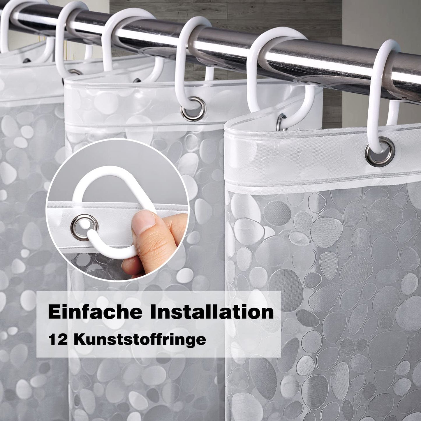 EurCross Anti-mold Shower Curtain 180x200 with 3 Stronger Magnets at the Bottom, Transparent with 3D Pebbles Pattern, Waterproof Eva Plastic Shower Curtain for Bathtub with 12 Rings.
