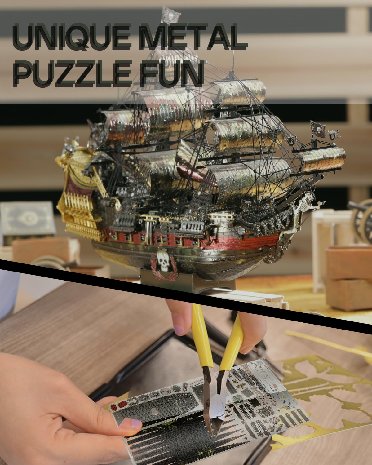 Piececool 3D Metal Puzzle Pirate Ship Queen Anne's Revenge, 3D Metal Puzzle Sailboat Ship Set, Model Ship for 340 stainless steel, Birthday Gift, Model Building Kit for Adults, 439 Pieces
