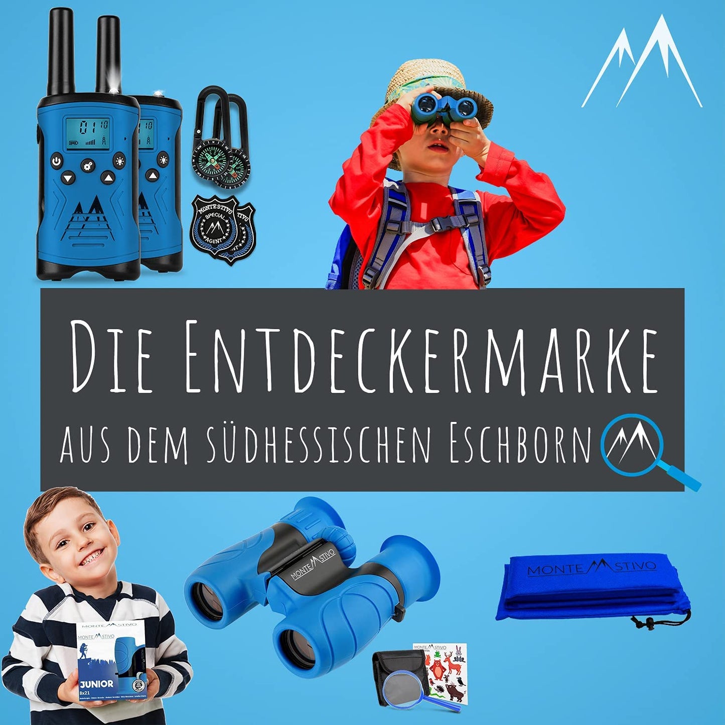 Monte Stivo® Junior | Award-winning binoculars for children 8x21 with magnifying glass & compass | Toy set for boys and girls aged 4 years and up.