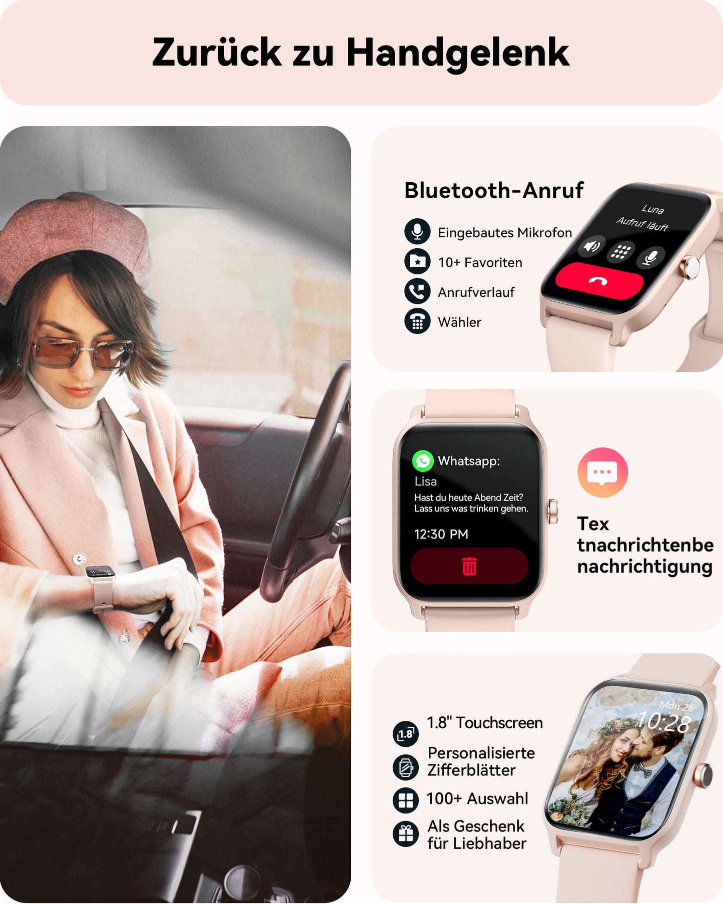 Women's smartwatch with phone function, 1.8" fitness watch for women with Alexa integrated heart rate/sleep/SpO2 monitor, pedometer watch for women with IP68 waterproof rating, 100+ sports modes, compatible with Android & IOS.