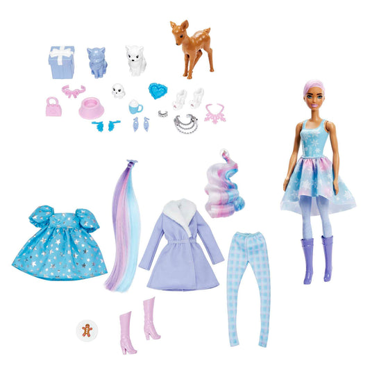 Barbie Color Reveal Advent Calendar includes 1 Color Reveal doll & 3 pets, clothing, accessories & 2 hair extensions, 25 surprises, perfect Christmas gifts for kids, HJD60.