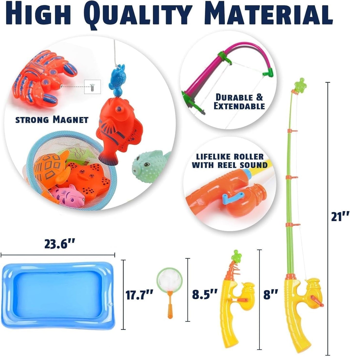 CozyBomB Magnetic Fishing Toy Set for Kids' Bathing, Pool Party with Rod Net, Floating Plastic Fish - Toddler, Educational, Teaching and Learning, Ocean, Sea Animals (X-Large)