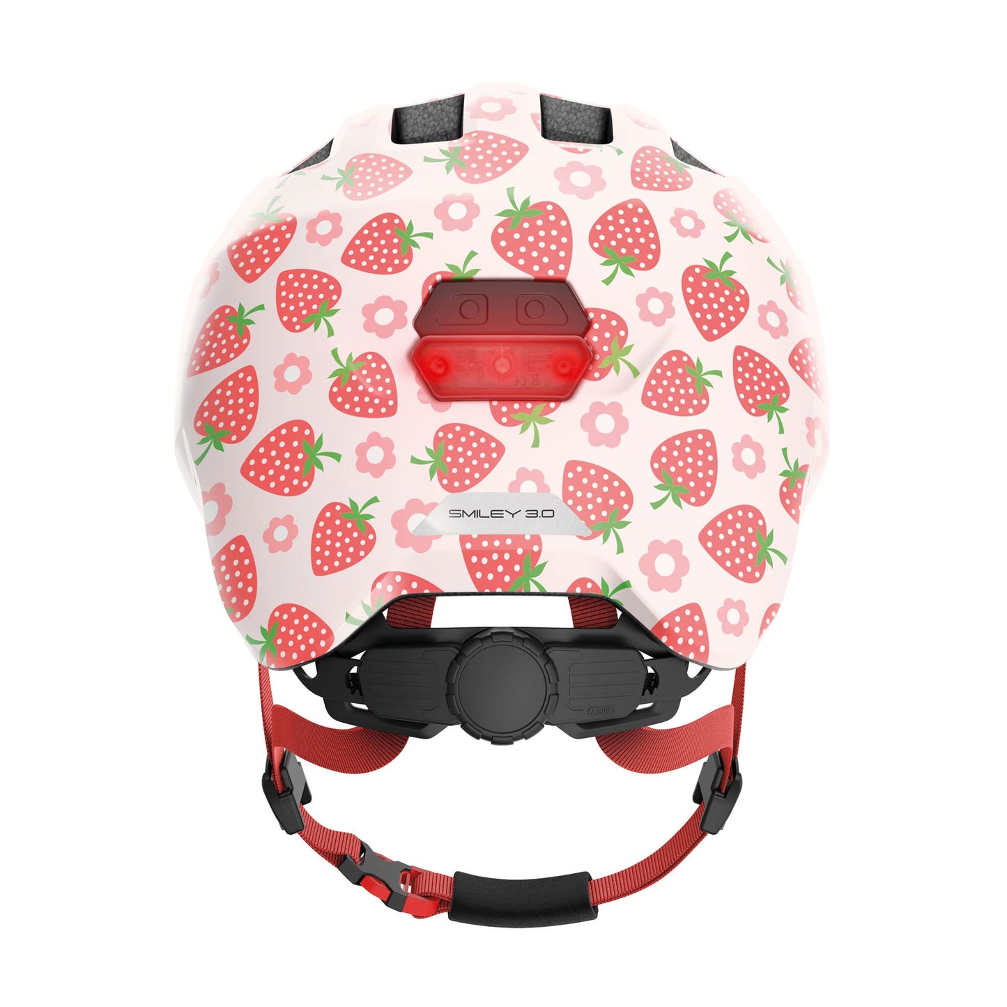 ABUS Kids Helmet Smiley 3.0 LED - Bike Helmet with Light - snug fit for ponytails - for girls and boys - Pink with Strawberry design, Size S, S (45-50 cm)