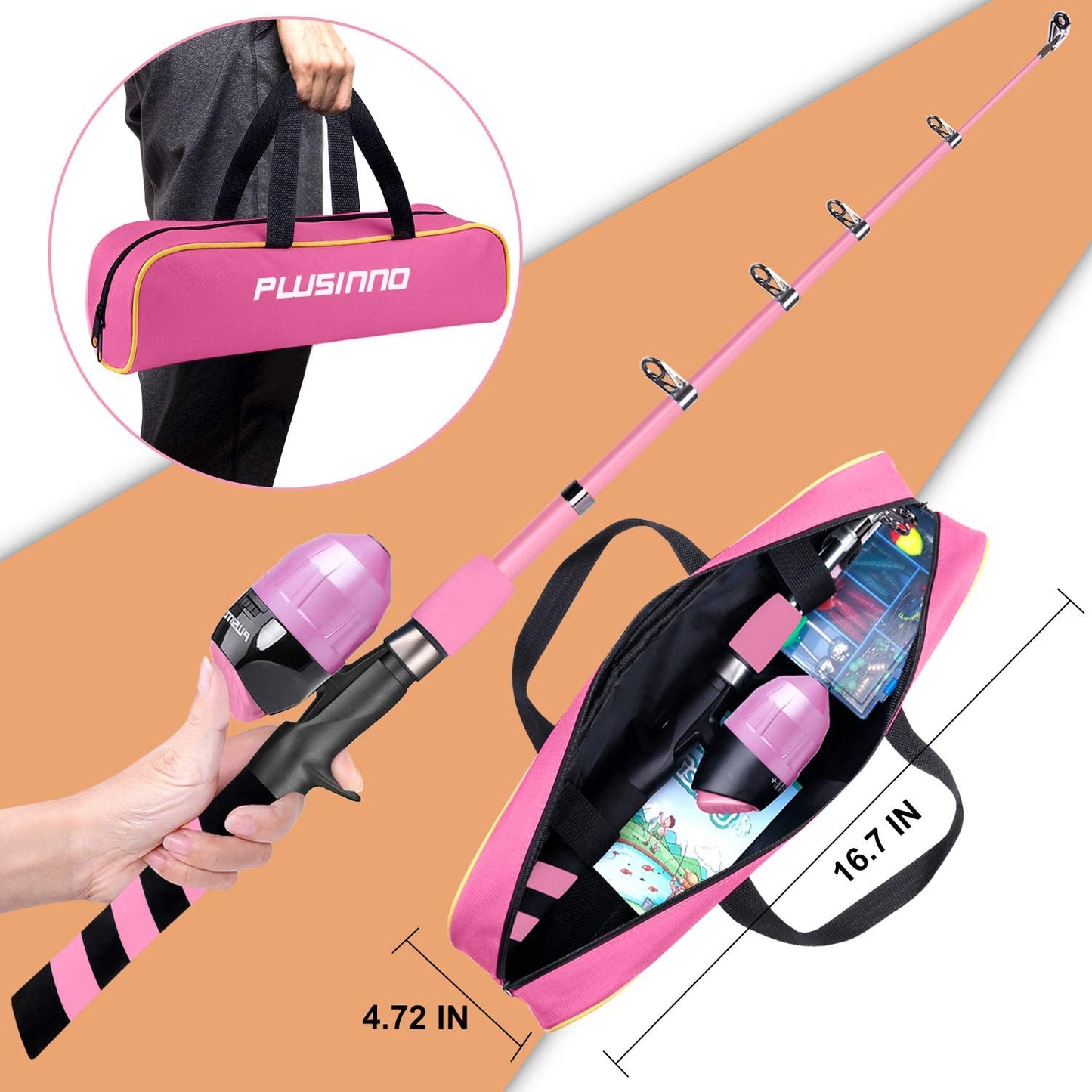 PLUSINNO Kids Fishing Rod and Reel Combo, Telescopic Fishing Pole with Lures, Fishing Accessories and Carry Bag for Saltwater Freshwater Fishing, for Boys, Girls, Teens Pink.