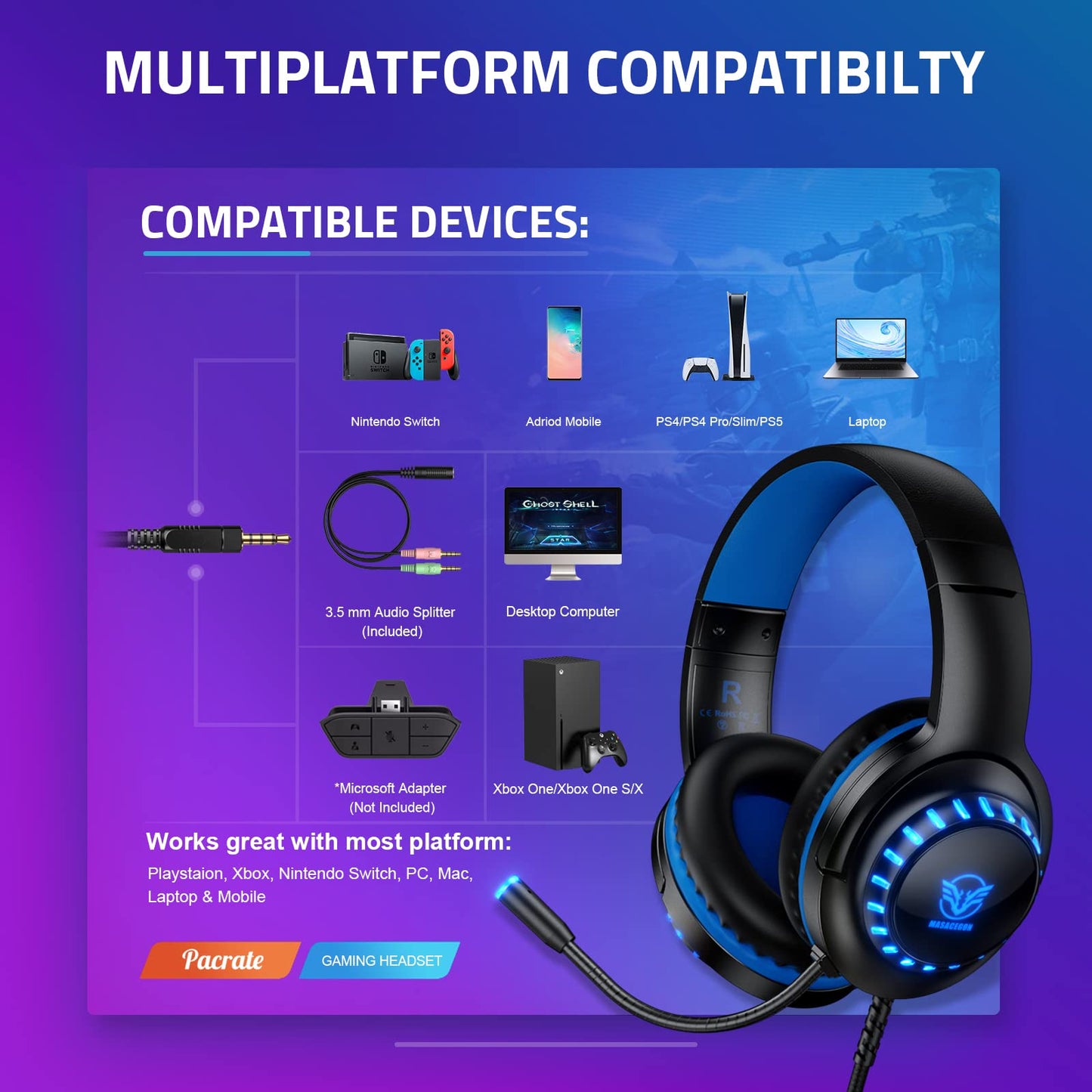 Pacrate Gaming Headset for PS4/PS5/Xbox One/PC/Nintendo Switch, PS4 headphones with cable Xbox headset with microphone, Noise Cancelling PS5 headset with LED lights - Blue