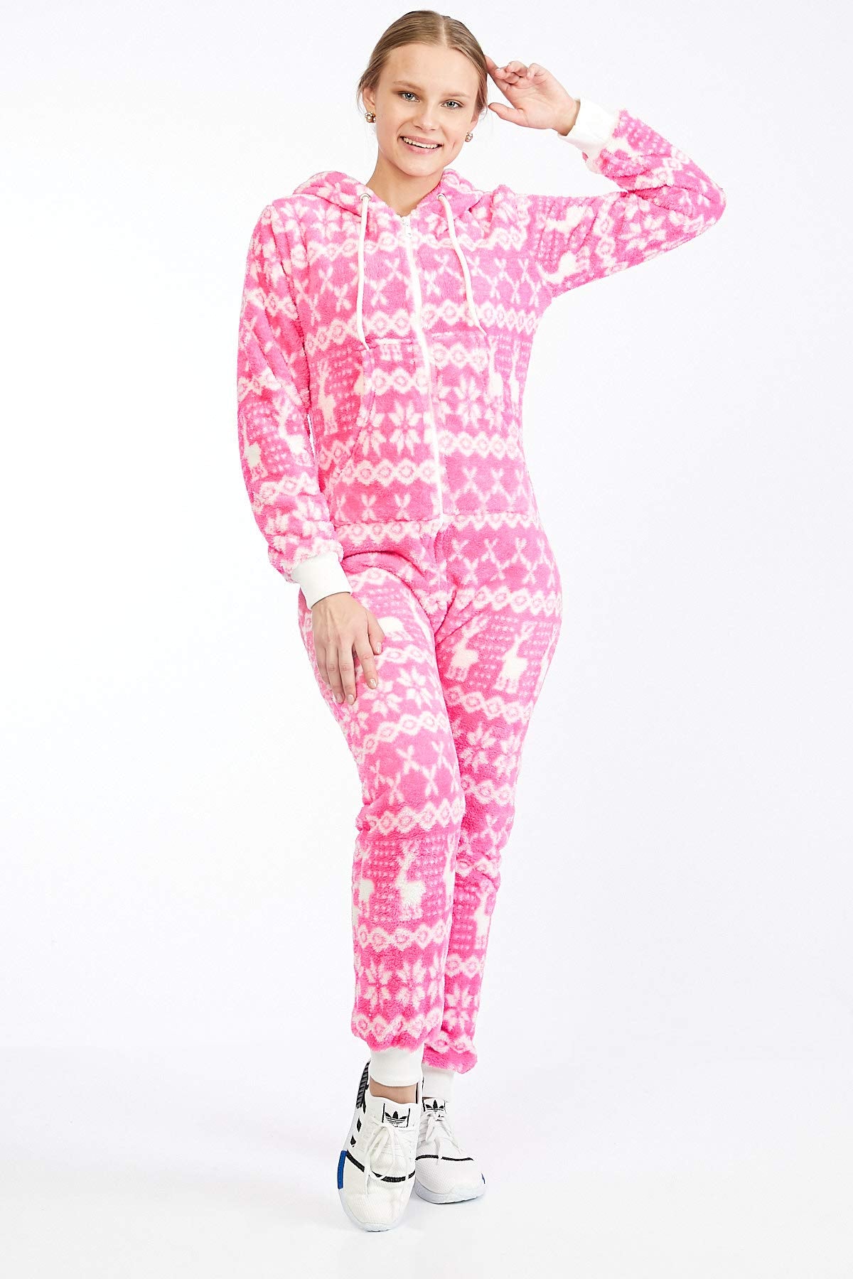 Teddy fleece teddy fur jumpsuit fluffy and cozy one piece overall warm (Pink(2910), S~36)