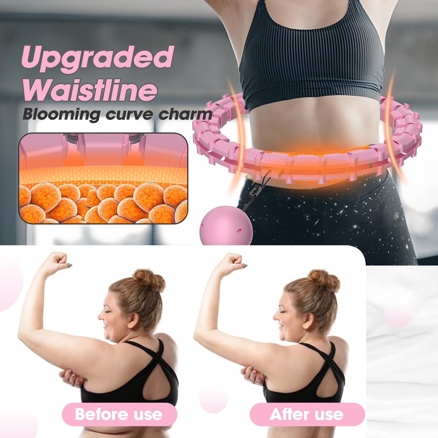 Smart hoop for adults with weighted ball, ultra quiet hula hoop for weight loss with 32 detachable segments, hula hoop for weight loss max waist circumference 165cm (pink)