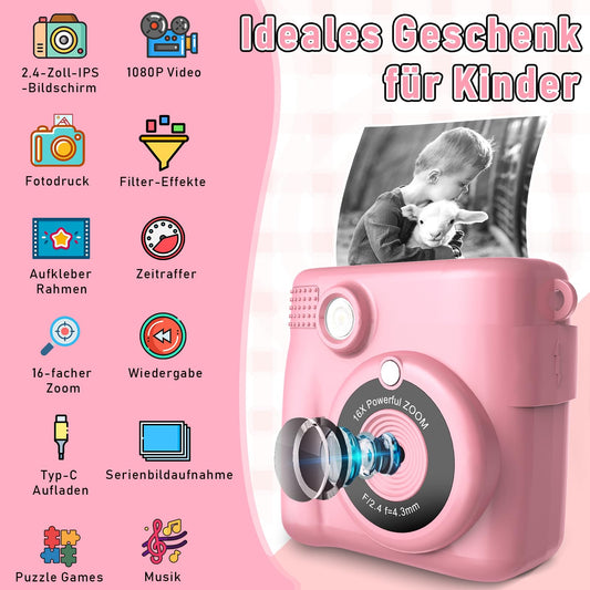 MILFECH Kids Camera Instant Camera, 1080P 2.4 Inch Screen Digital Camera for Kids with 5 rolls of printing paper, 32GB card, camera with 6 colored pens, 2 stickers. Perfect gift for kids (Pink)