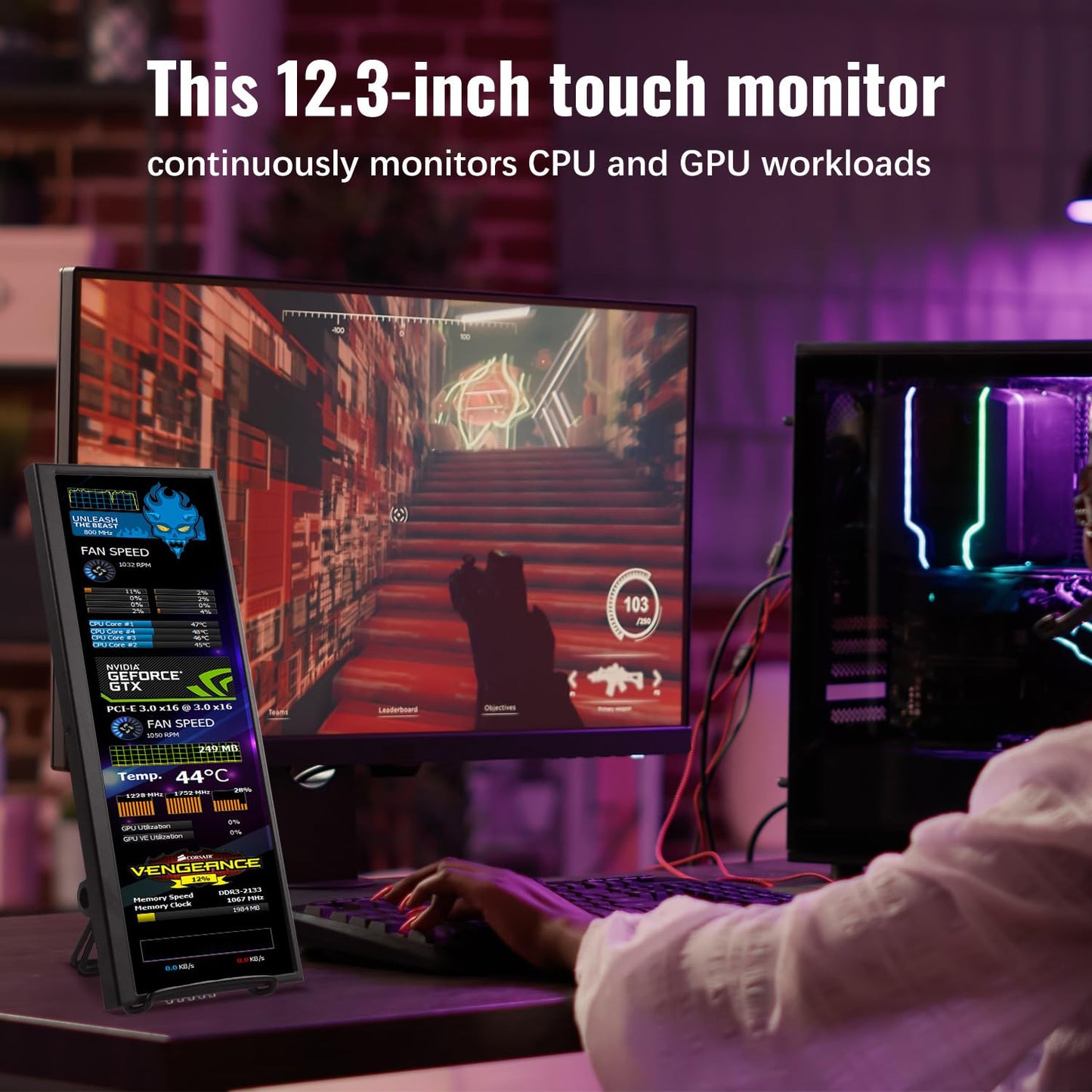 12.3-inch Portable Touchscreen Secondary Monitor, HDMI, USB-C, 1920*720 IPS Stretched Bar LCD Portable Travel Touch Screen for Laptop Computer Aida64 GPU CPU RAM Monitoring