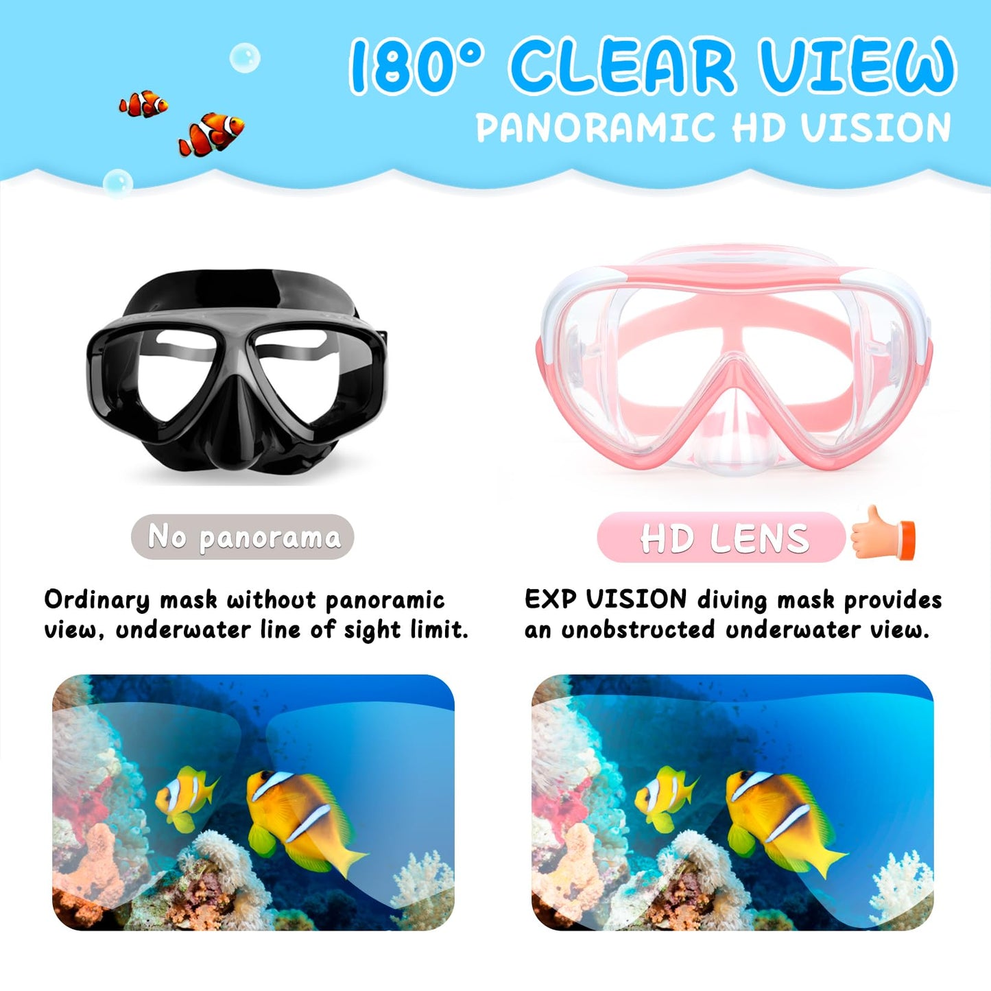 Kids Snorkel Mask, Kids Swim Mask 180° Anti-Fog Diving Mask, Kids Swimming Goggles with Nose Cover Leakproof Swim Goggle Anti-Shattered Lens for Teens 4-15 (Pale Pink)