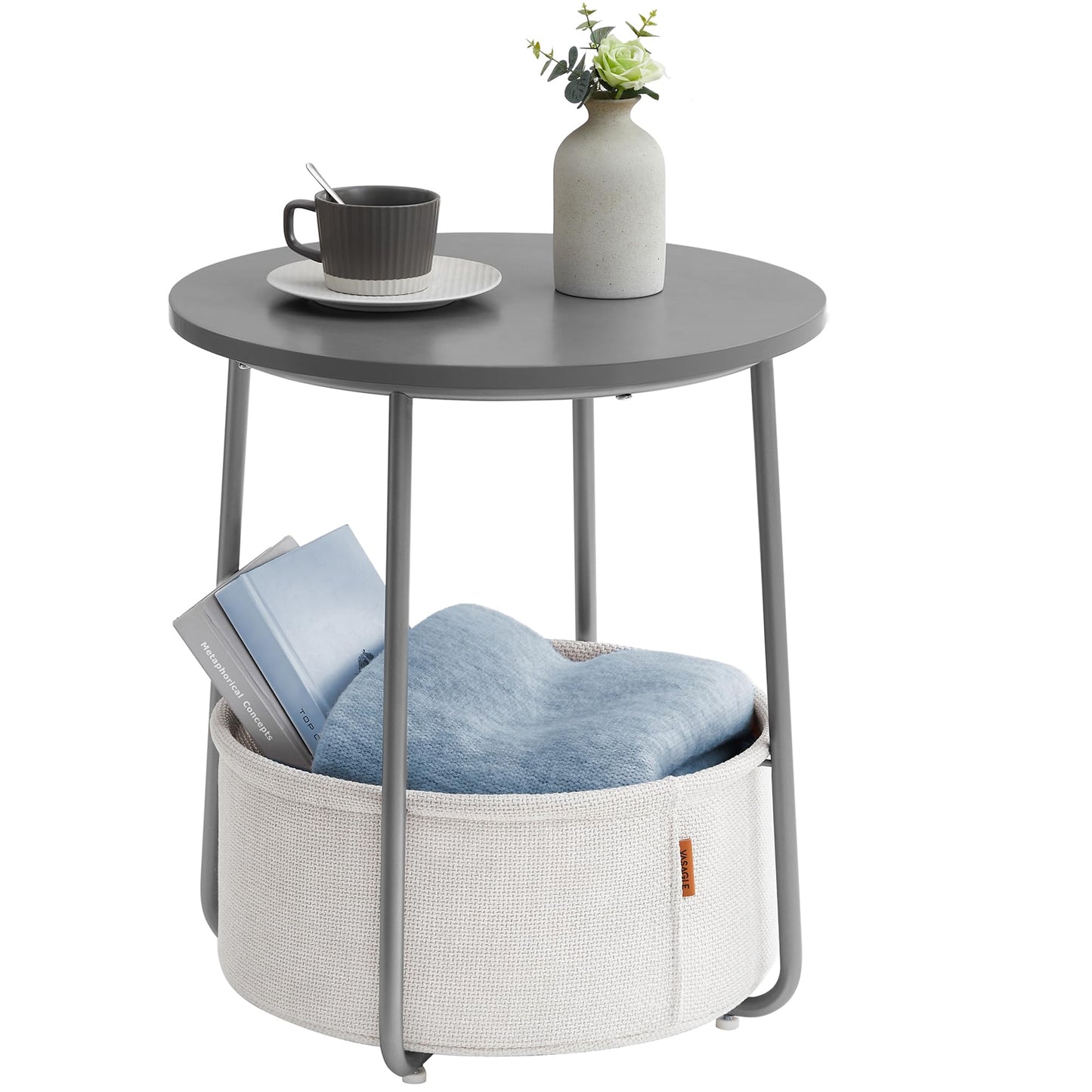 VASAGLE round side table, small table, compact coffee table, fabric basket, storage for living room bedroom, modern nightstand, cement gray-cream white LET223G49