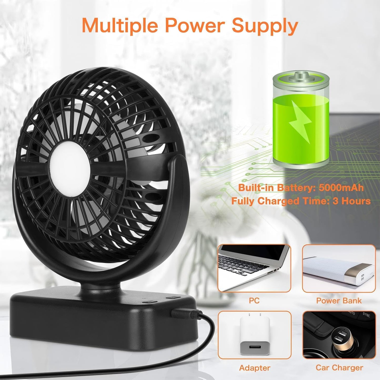Portable camping fan Hanging fan with LED light, 40 hours operating time Rechargeable tabletop fan with hanging hook for tent RV survival gear office study room