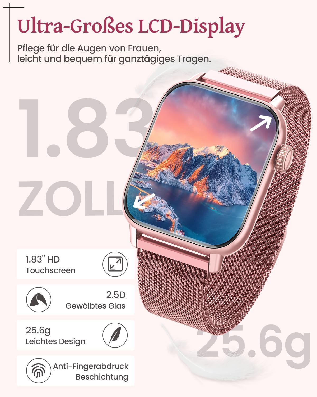 SWGOTA smartwatch for women with phone function, 1.83" fitness tracker heart rate monitor sleep monitor step counter SpO2 menstrual cycle, 113 sports modes IP68 waterproof sports watch for women iOS Android Pink