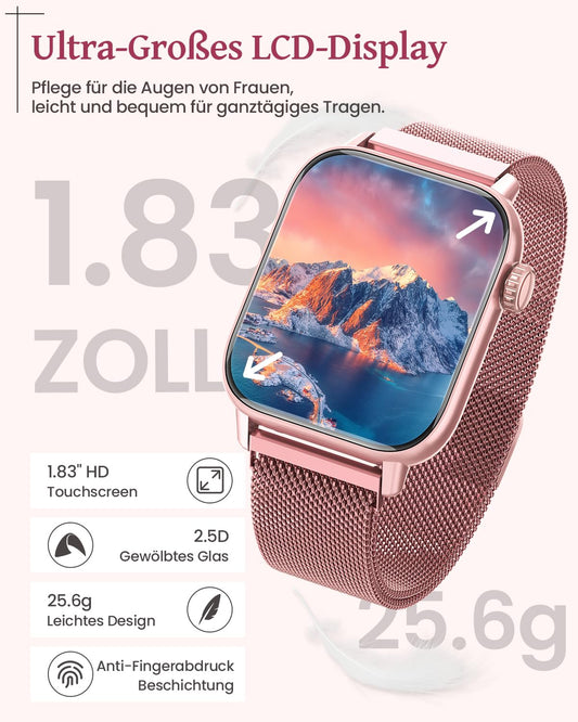 SWGOTA smartwatch for women with phone function, 1.83" fitness tracker heart rate monitor sleep monitor step counter SpO2 menstrual cycle, 113 sports modes IP68 waterproof sports watch for women iOS Android Pink